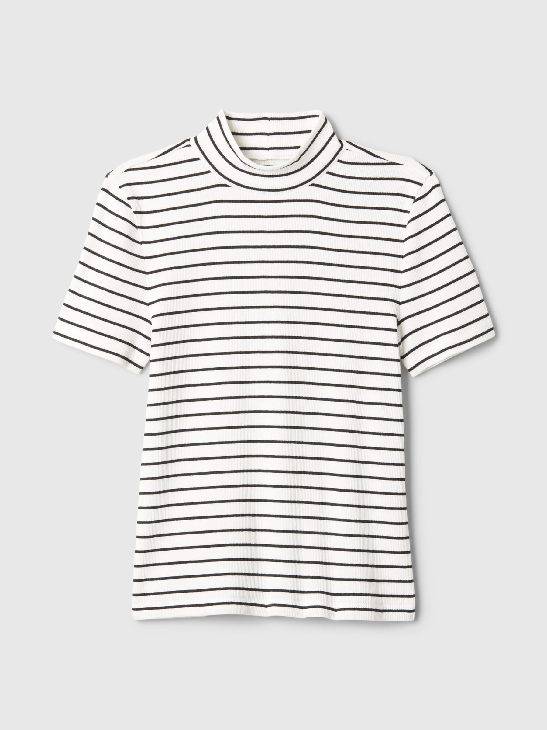 White Stripe Modern Cotton-Modal Ribbed Mock Neck Short Sleeve T-Shirt - Image 4 of 5