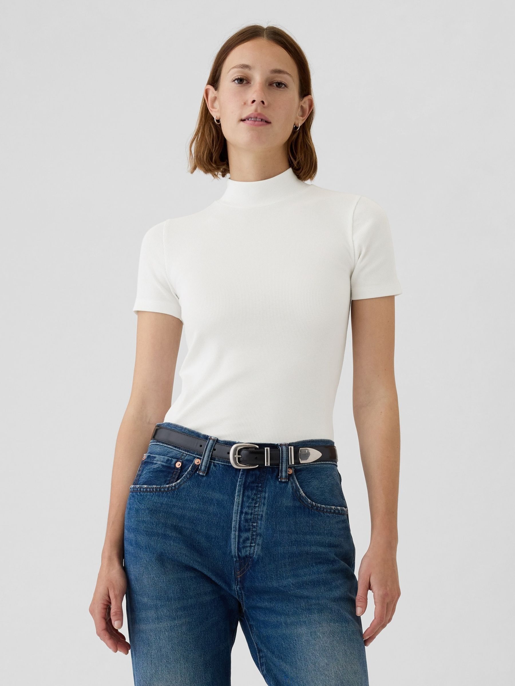 White Modern Cotton-Modal Ribbed Mock Neck Short Sleeve T-Shirt - Image 1 of 5