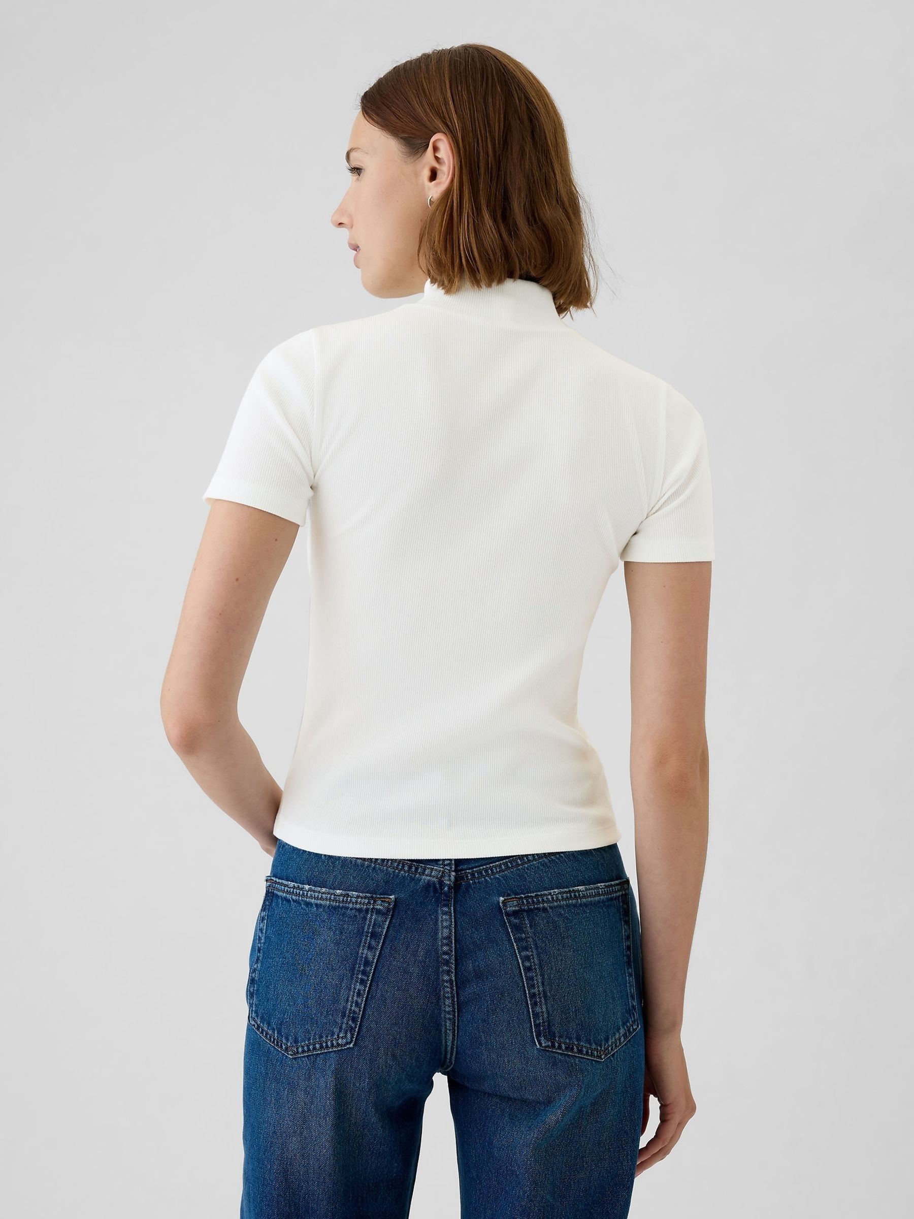 White Modern Cotton-Modal Ribbed Mock Neck Short Sleeve T-Shirt - Image 2 of 5