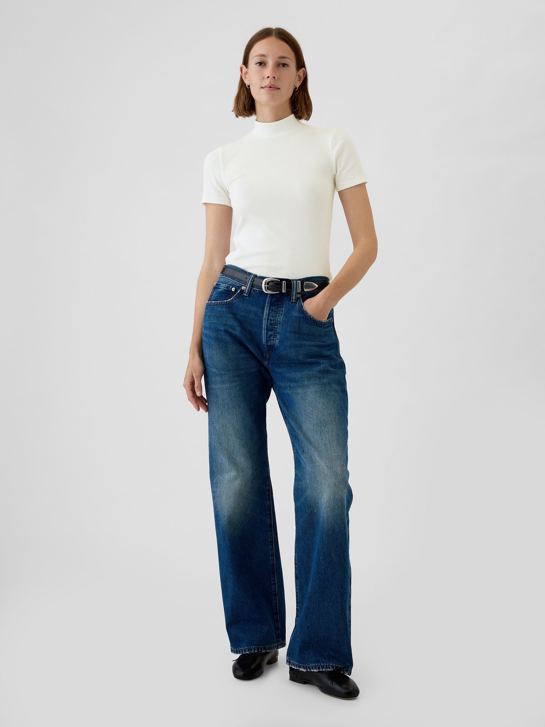 White Modern Cotton-Modal Ribbed Mock Neck Short Sleeve T-Shirt - Image 3 of 5