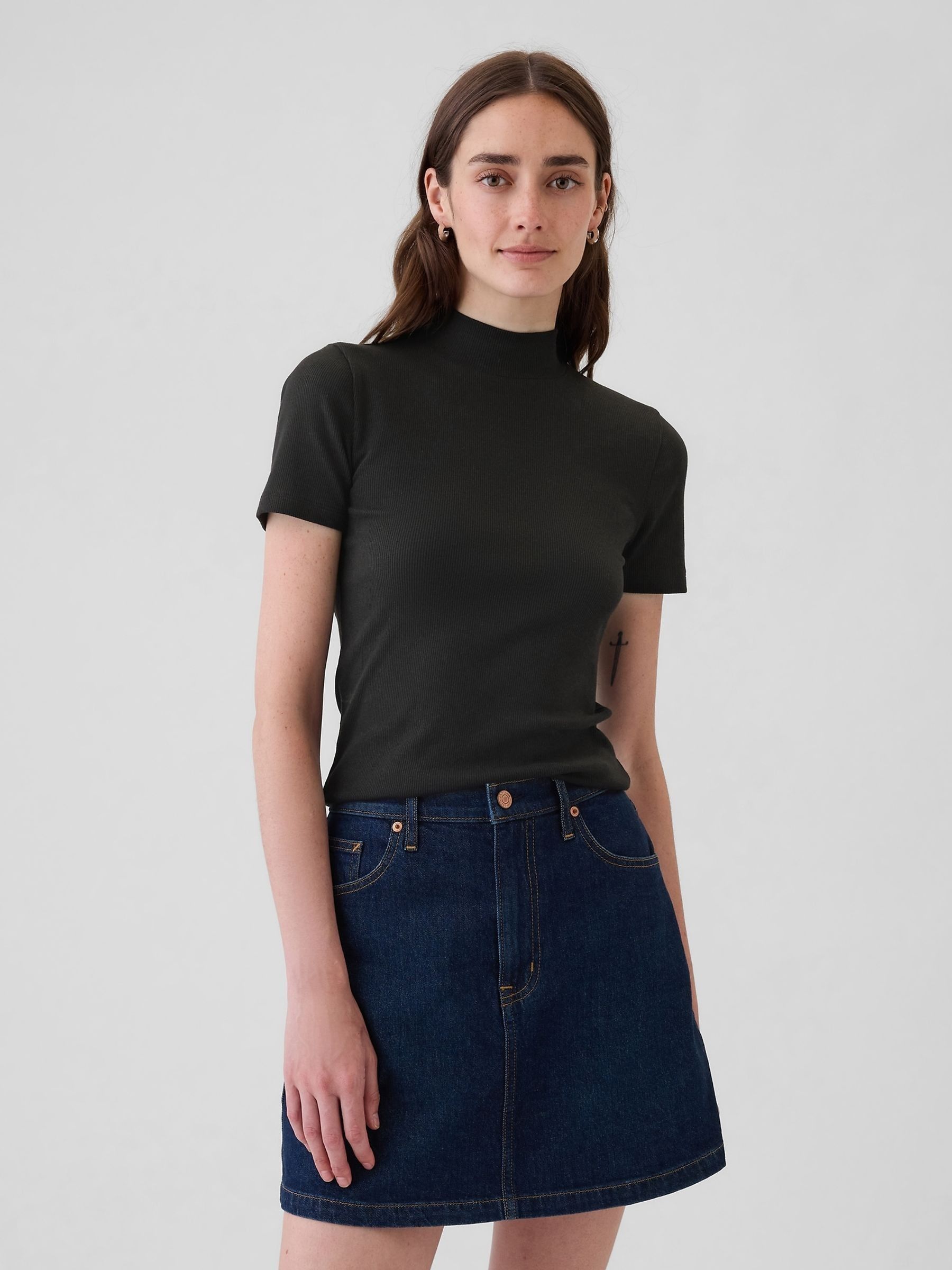 Black Modern Cotton-Modal Ribbed Mock Neck Short Sleeve T-Shirt - Image 1 of 5