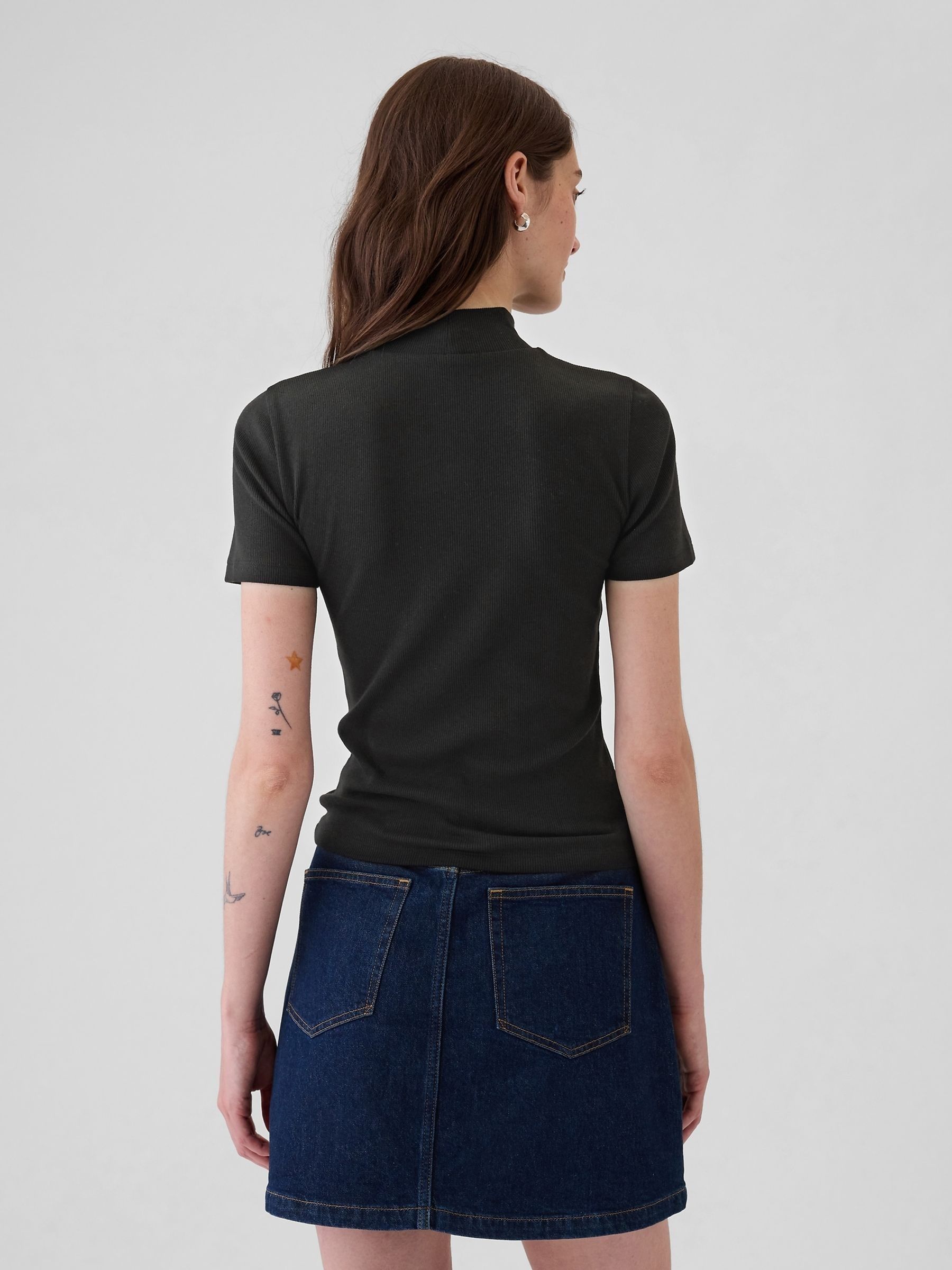 Black Modern Cotton-Modal Ribbed Mock Neck Short Sleeve T-Shirt - Image 2 of 5