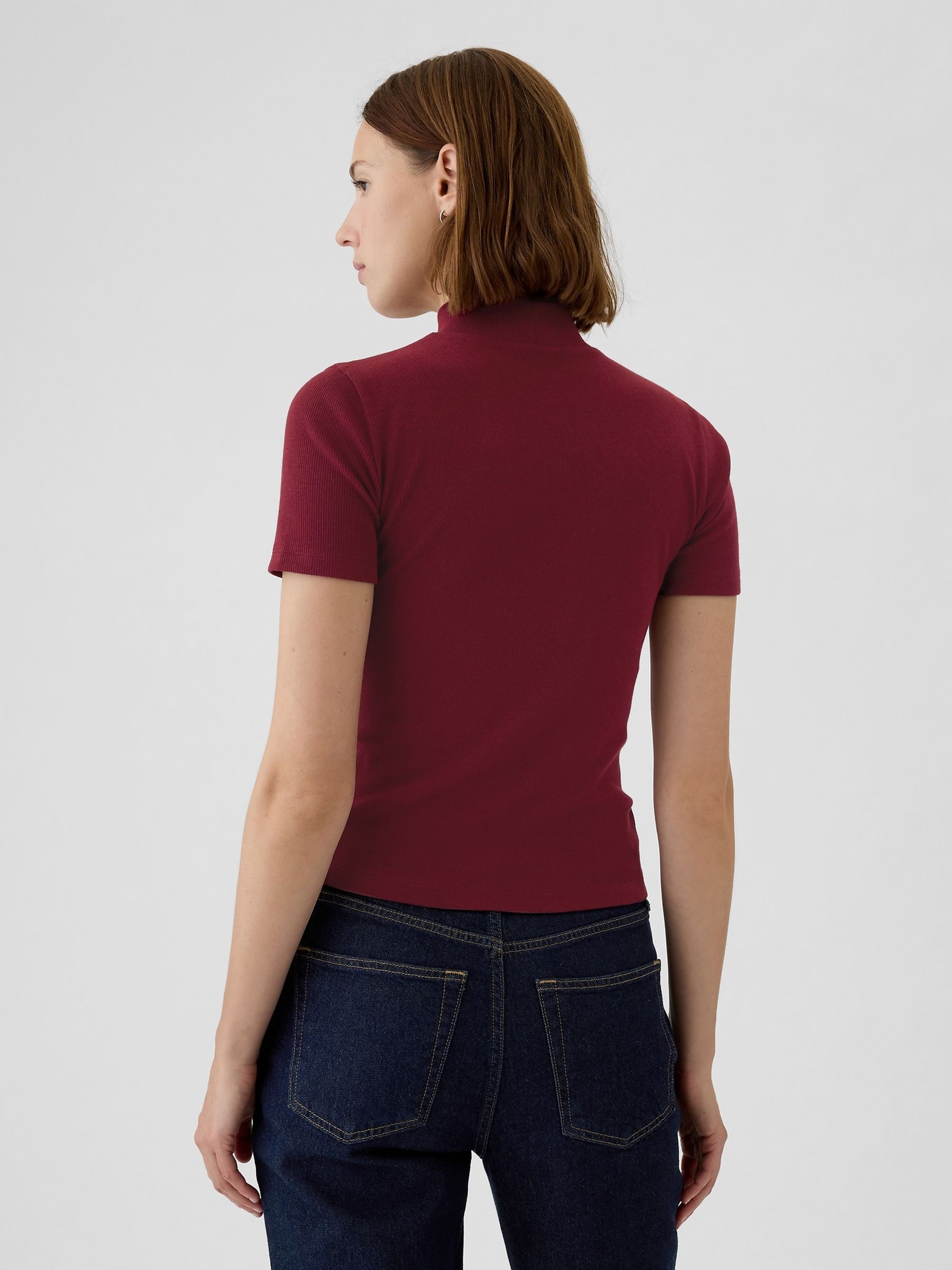 Burgundy Red Modern Cotton-Modal Ribbed Mock Neck Short Sleeve T-Shirt - Image 2 of 5
