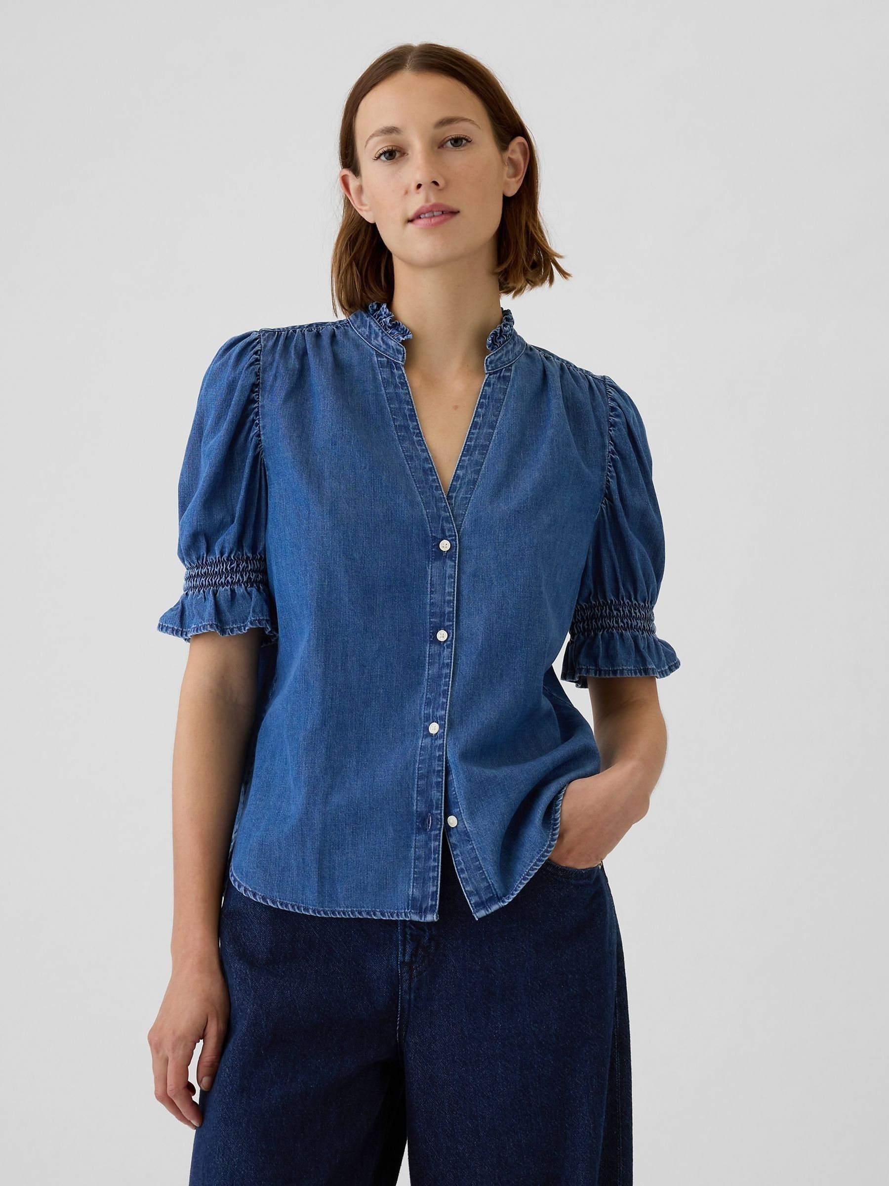 Blue Puff Sleeve Denim Shirt - Image 1 of 1