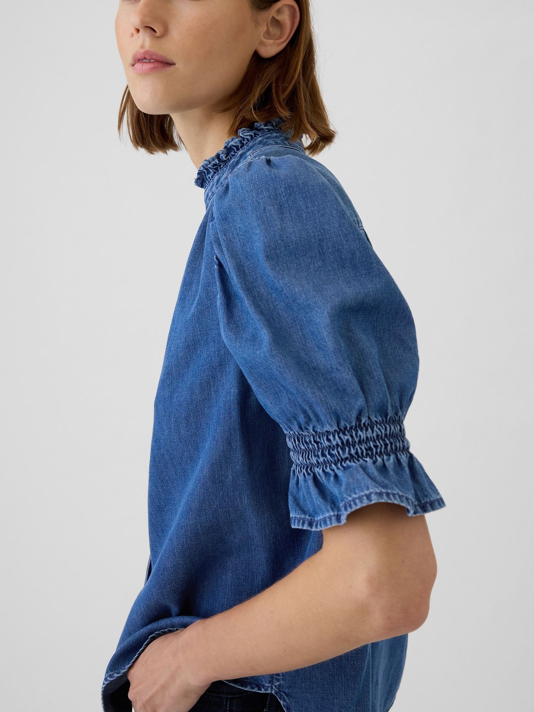 Blue Puff Sleeve Denim Shirt - Image 4 of 5