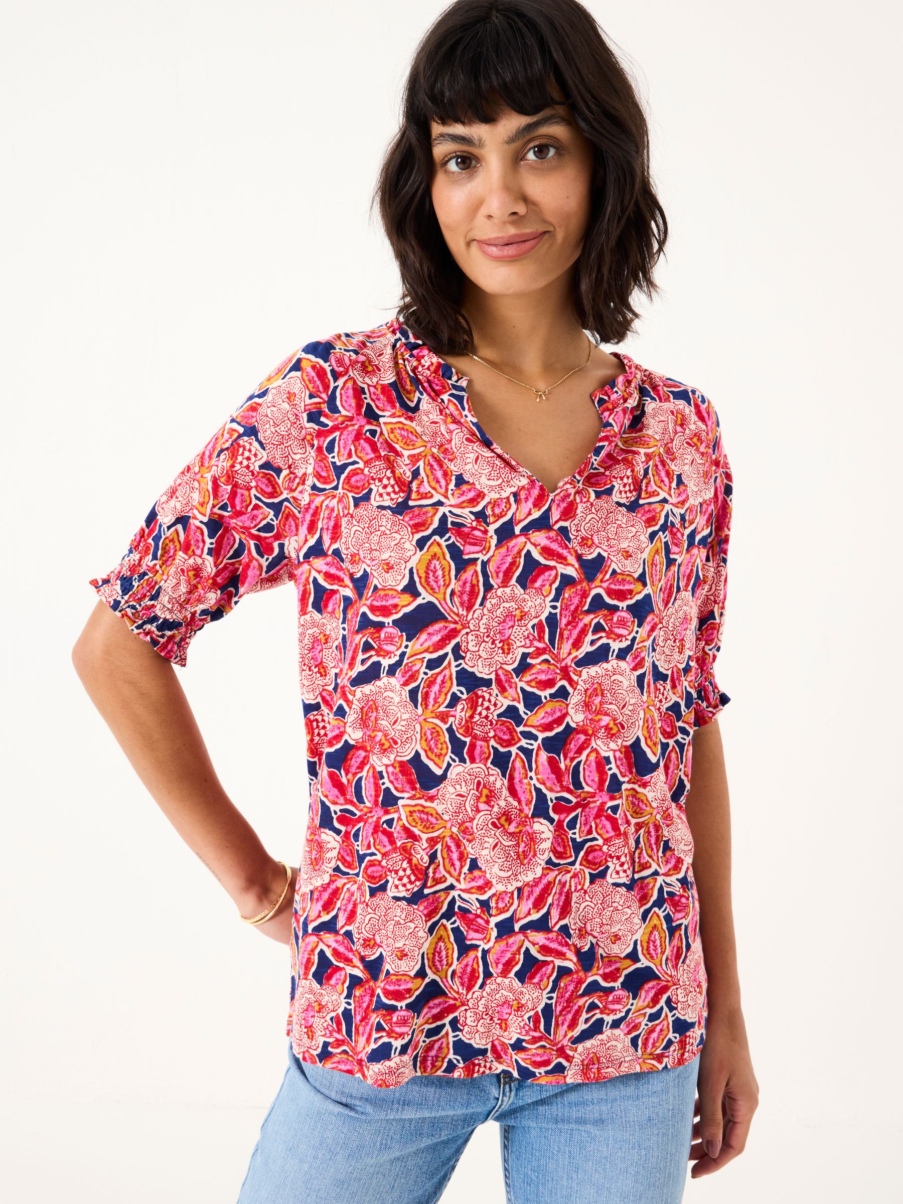 Florence Indigo Blue Batik Floral Short Sleeve Top - Image 1 of 9