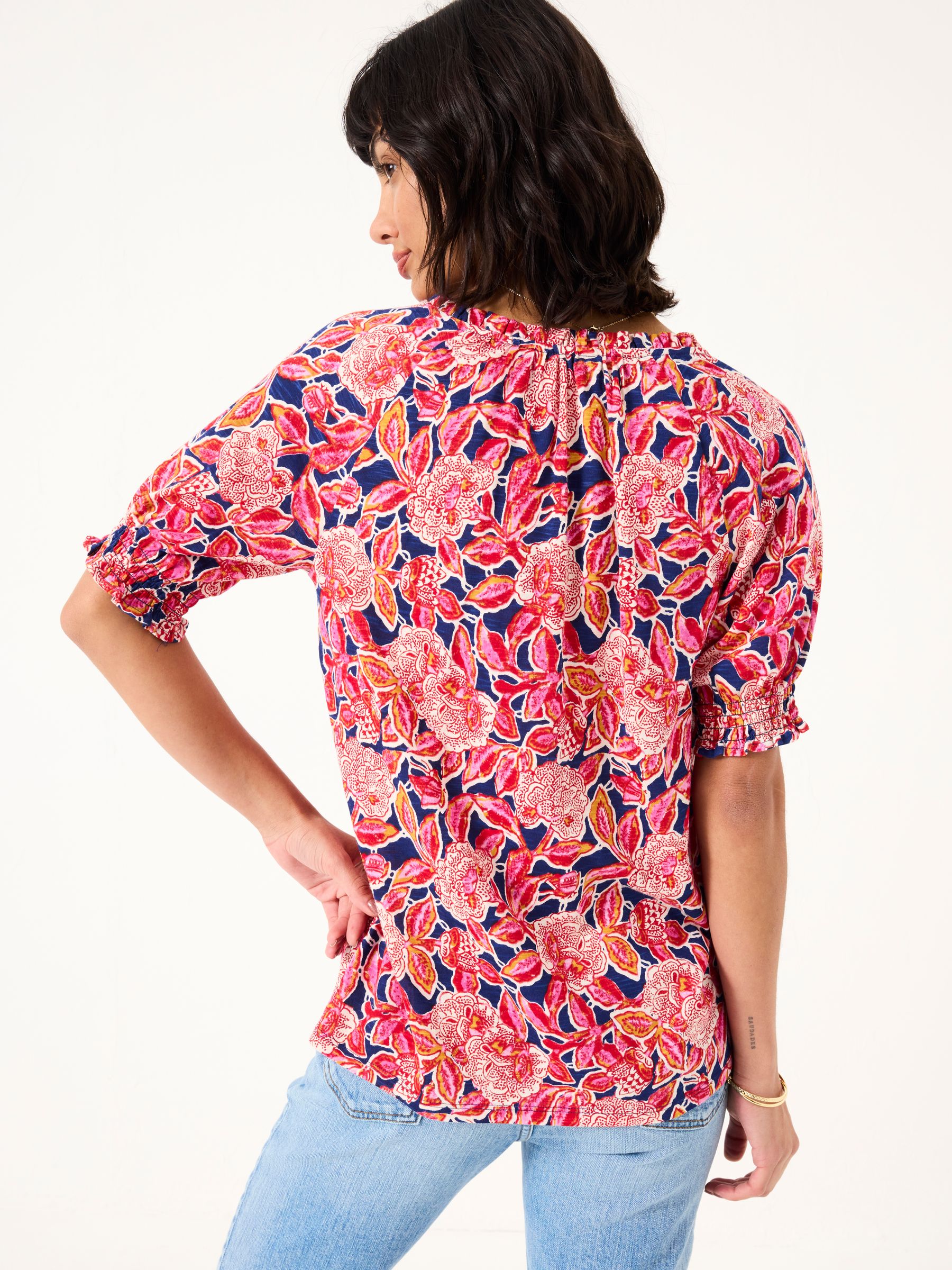 Florence Indigo Blue Batik Floral Short Sleeve Top - Image 2 of 9