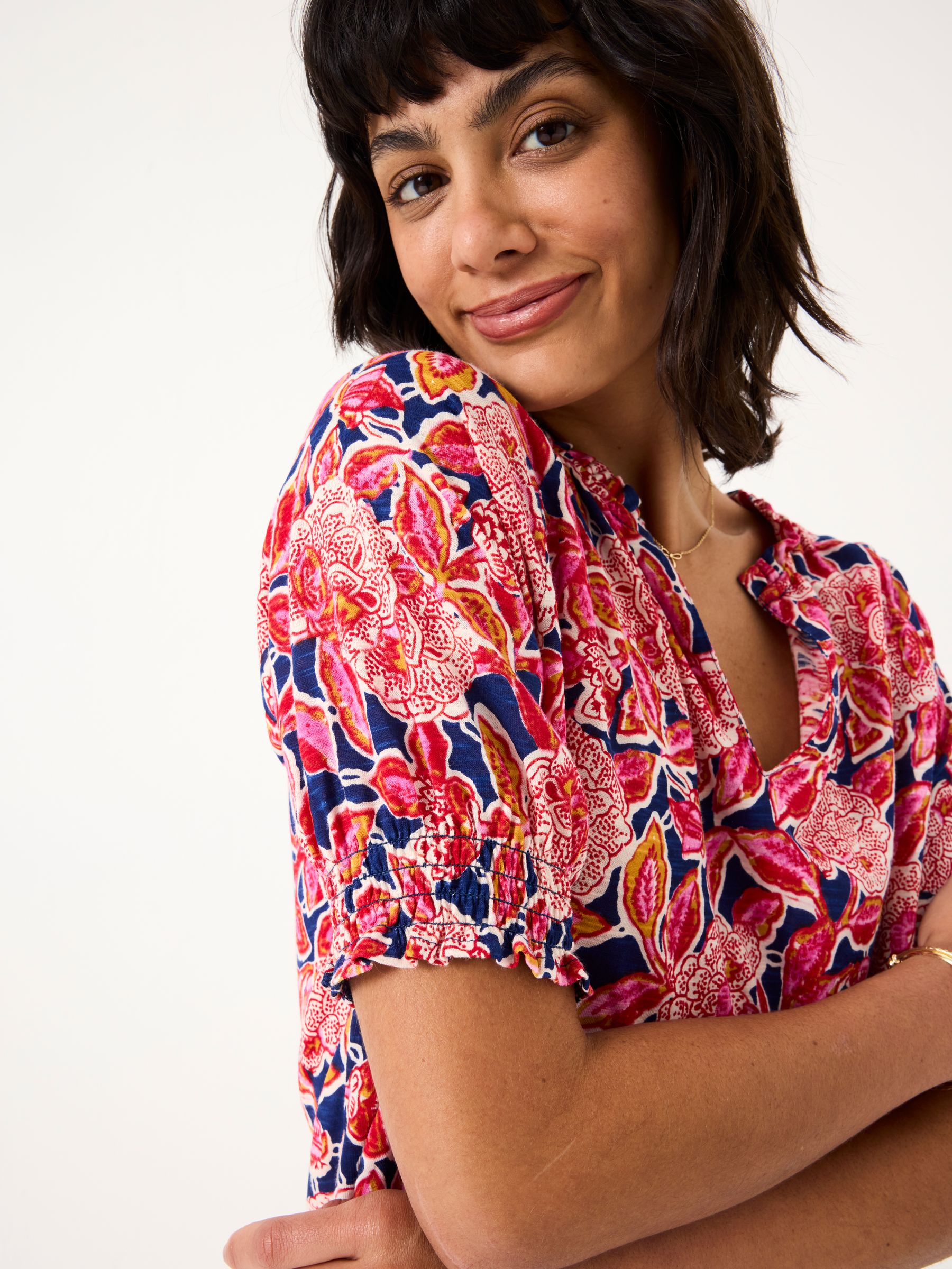 Florence Indigo Blue Batik Floral Short Sleeve Top - Image 4 of 9