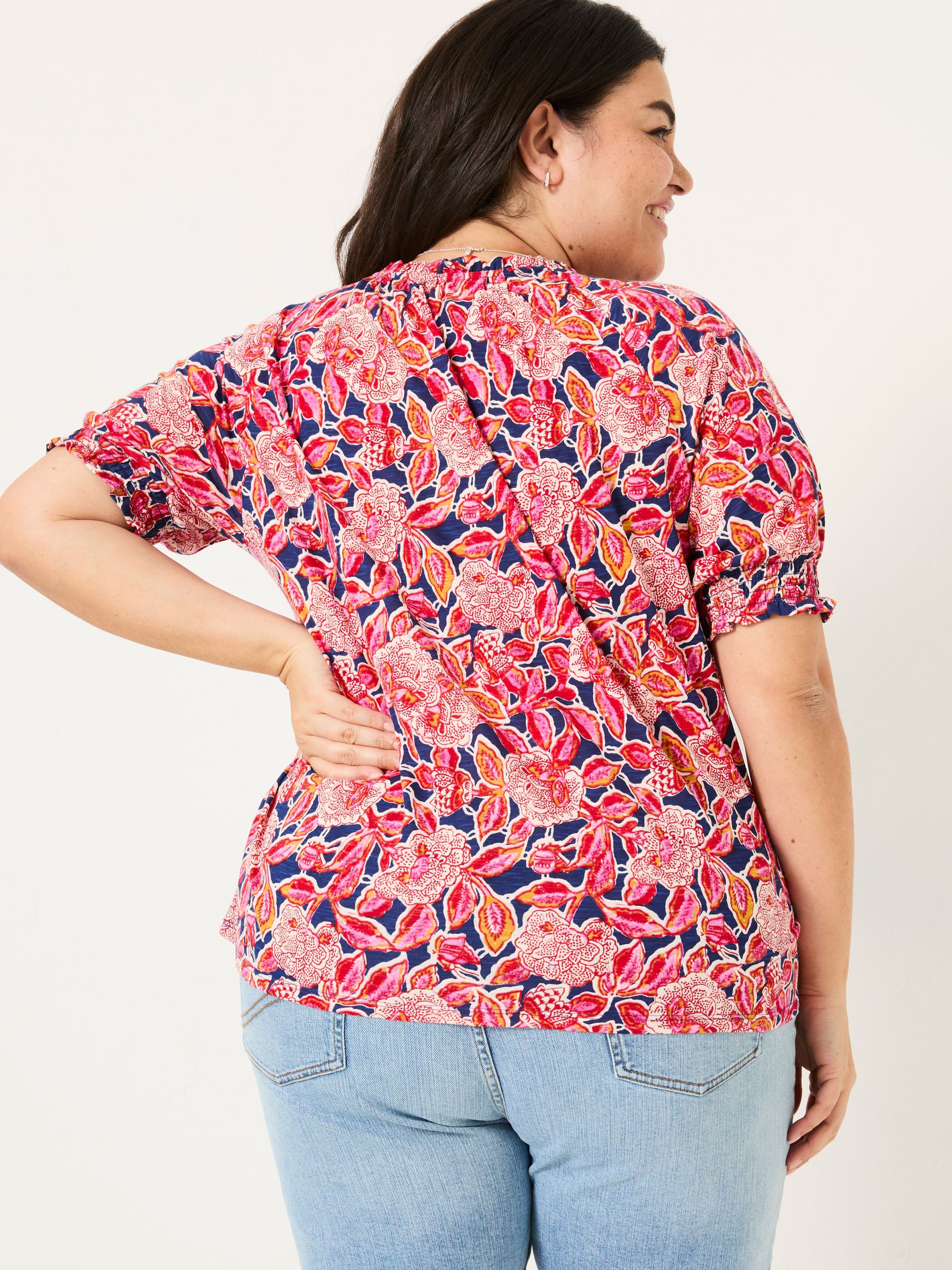 Florence Indigo Blue Batik Floral Short Sleeve Top - Image 6 of 9