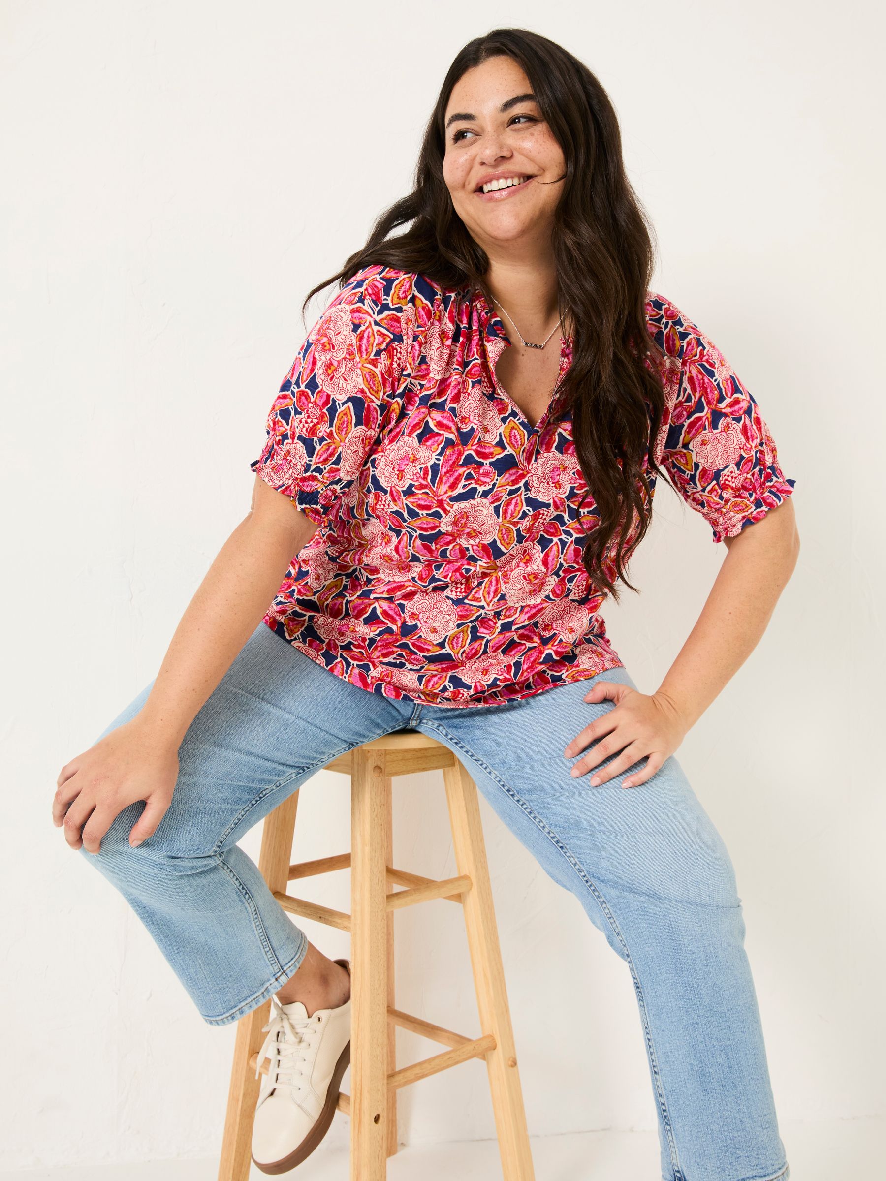 Florence Indigo Blue Batik Floral Short Sleeve Top - Image 8 of 9