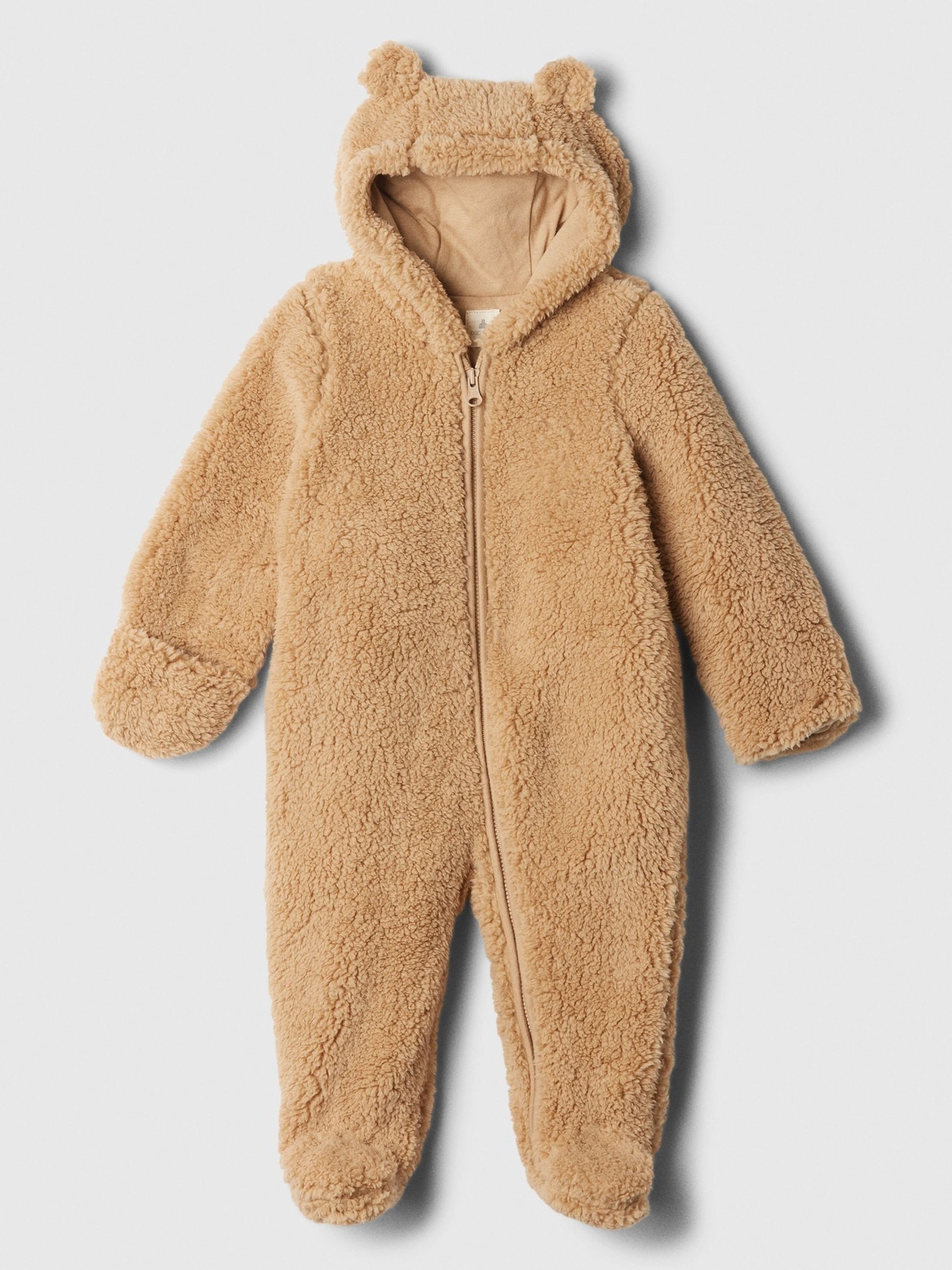 Brown Sherpa Bear Hooded Footed Pramsuit (Newborn-12mths) - Image 1 of 4