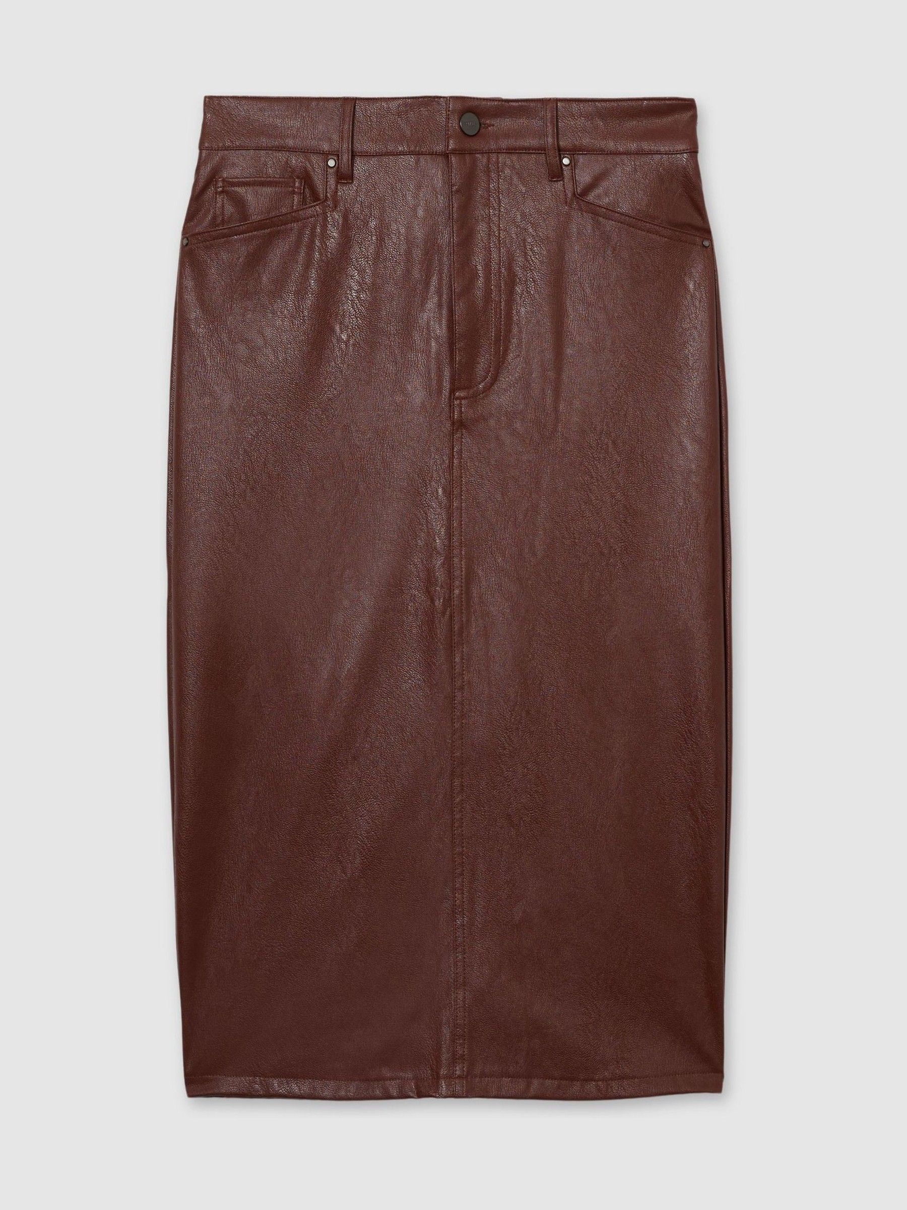 Paige Faux-Leather Midi Brown Skirt in Brown - Image 2 of 5