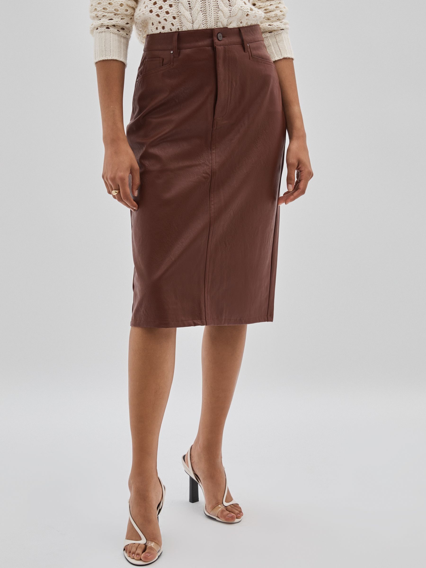 Paige Faux-Leather Midi Brown Skirt in Brown - Image 3 of 5