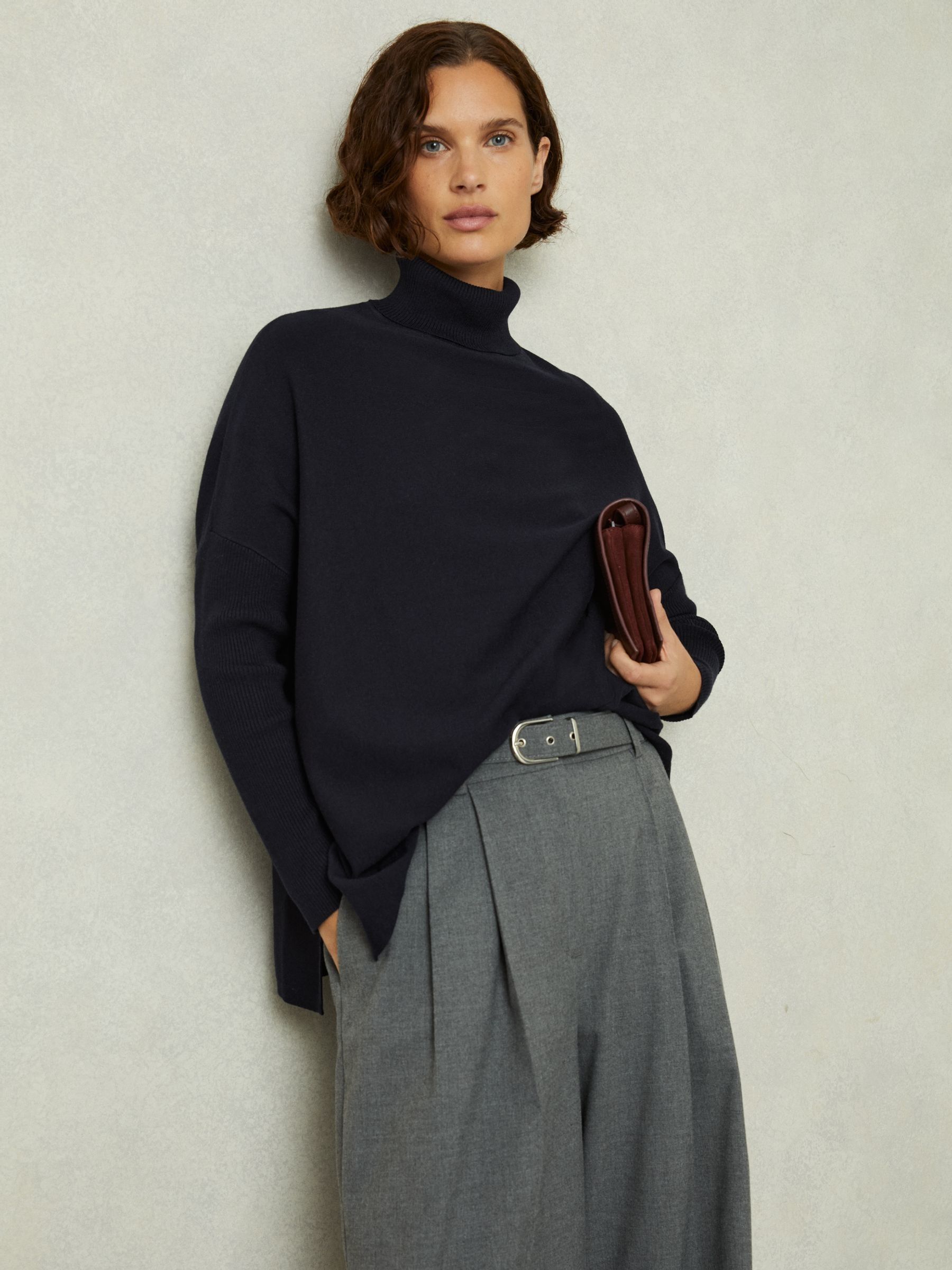 Drop-Shoulder Roll Neck Jumper in Navy - Image 1 of 6