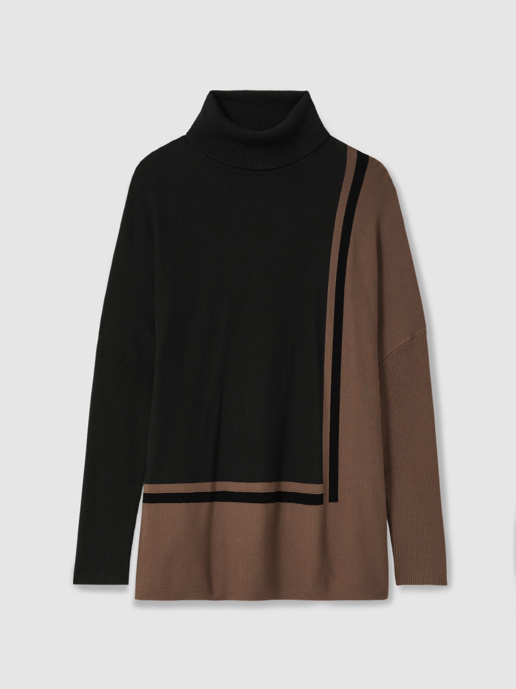 Colourblock Roll Neck Split Hem Jumper in Black/Mink - Image 2 of 6