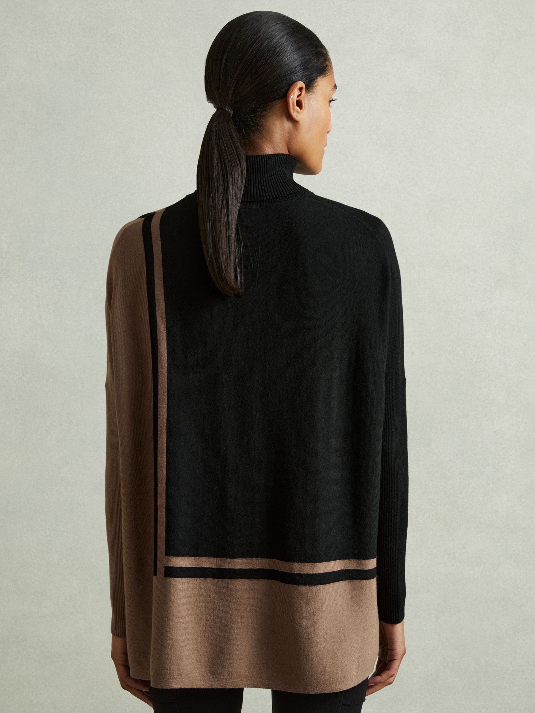 Colourblock Roll Neck Split Hem Jumper in Black/Mink - Image 4 of 6