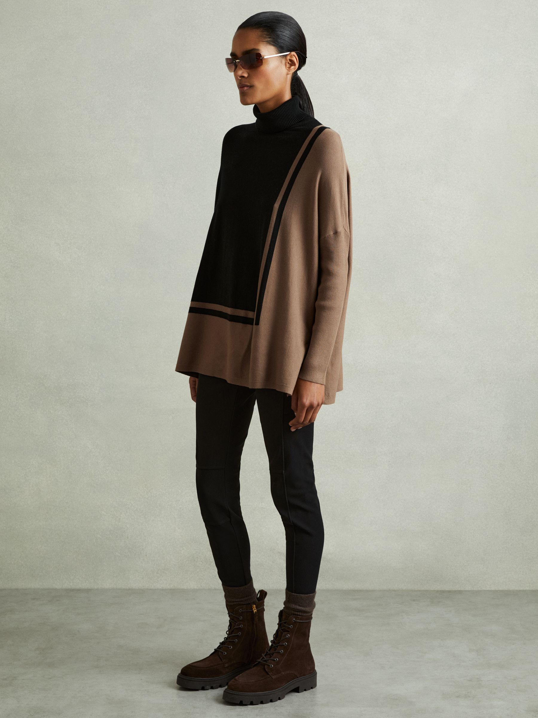 Colourblock Roll Neck Split Hem Jumper in Black/Mink - Image 5 of 6
