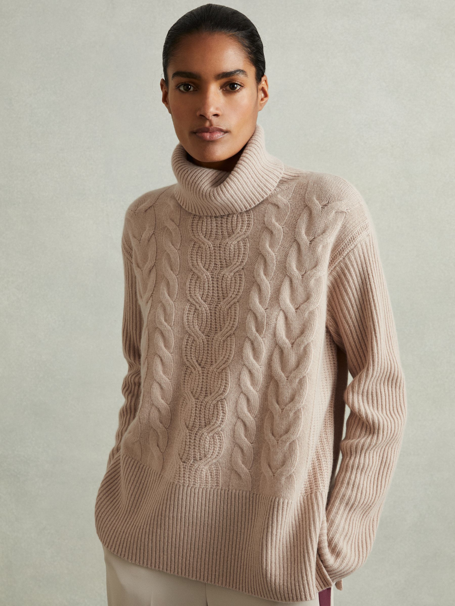 Wool-Cashmere Cable Knit Roll Neck Jumper in Mink - Image 1 of 6
