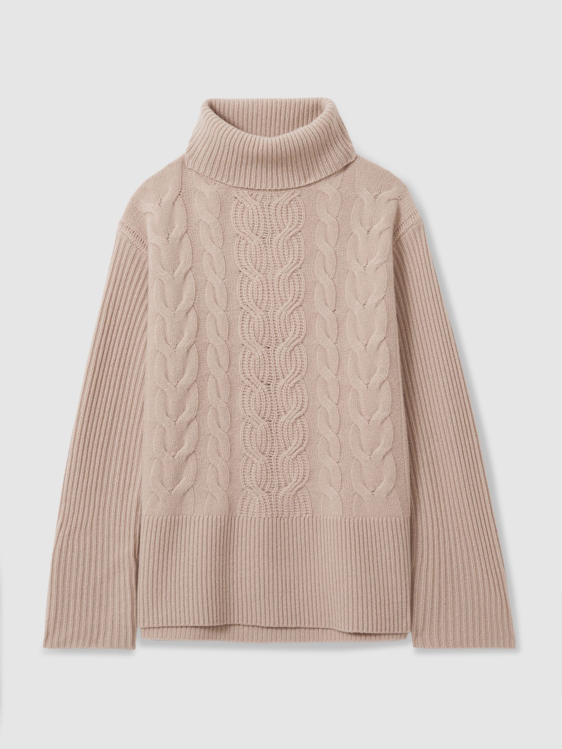 Wool-Cashmere Cable Knit Roll Neck Jumper in Mink - Image 2 of 6