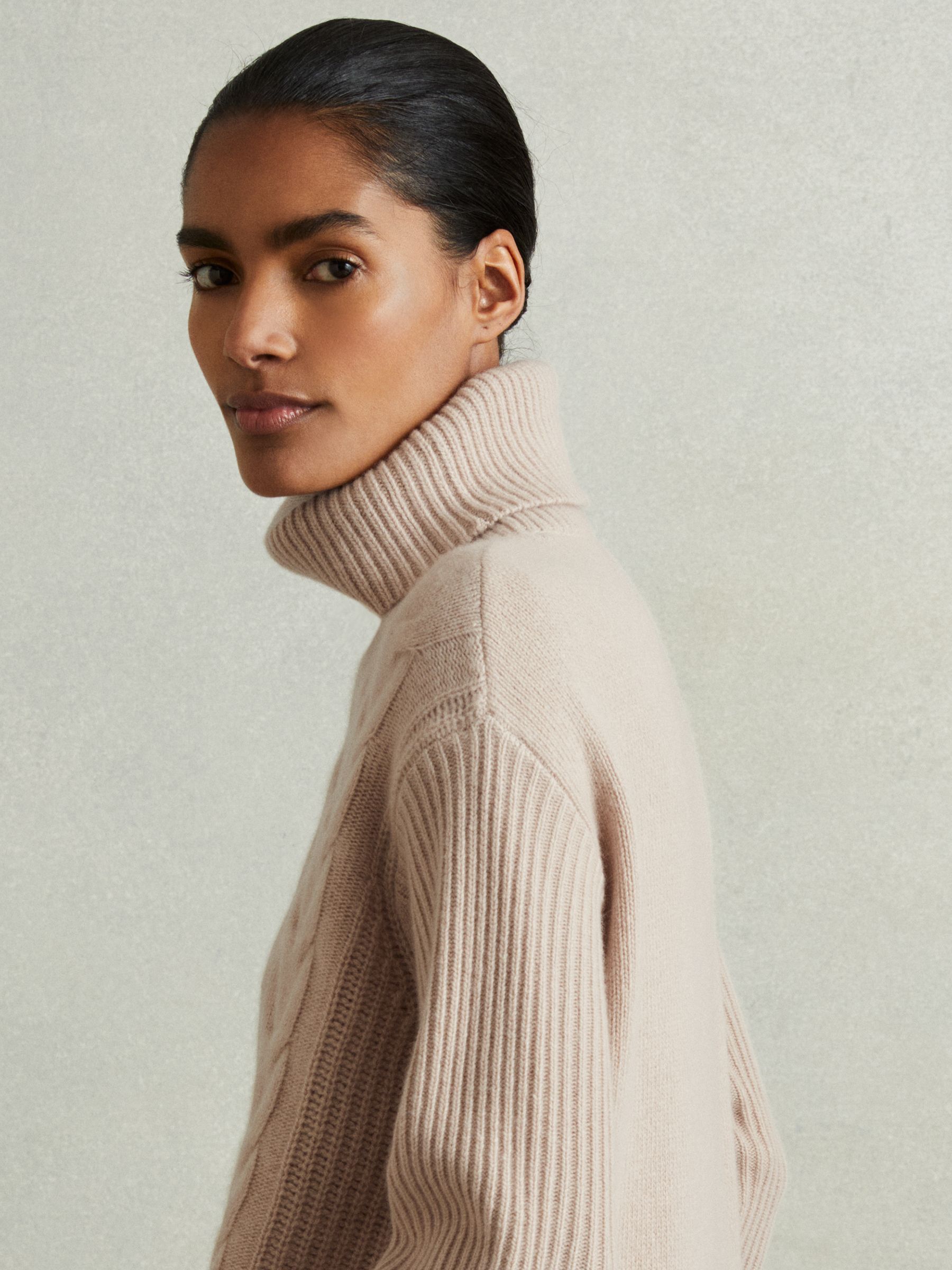 Reiss Wool-Cashmere Cable Knit Roll Neck Jumper in Mink | REISS