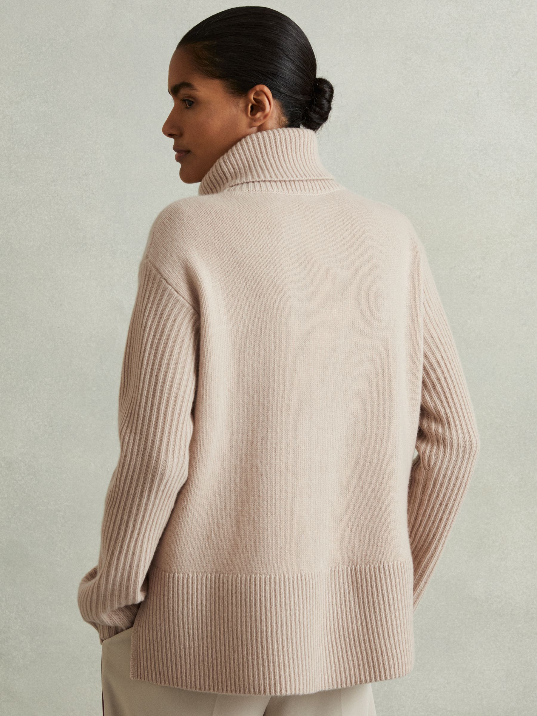 Reiss Wool Cashmere Cable Knit Roll Neck Jumper In Mink REISS Reiss Wool Cashmere Cable Knit Roll Neck Jumper In Mink REISS