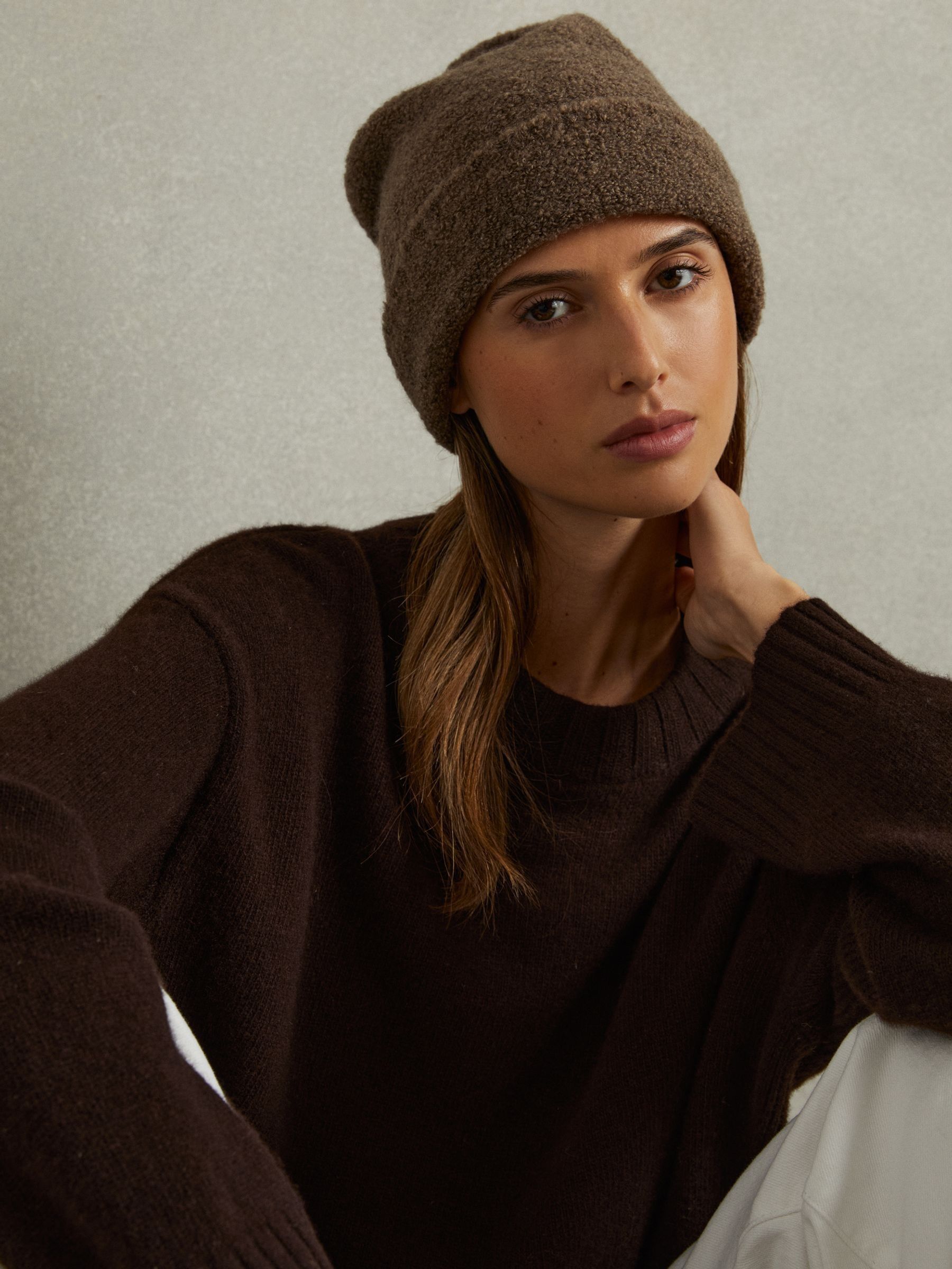 Alpaca Blend Bouclé Beanie in Taupe - Image 2 of 4