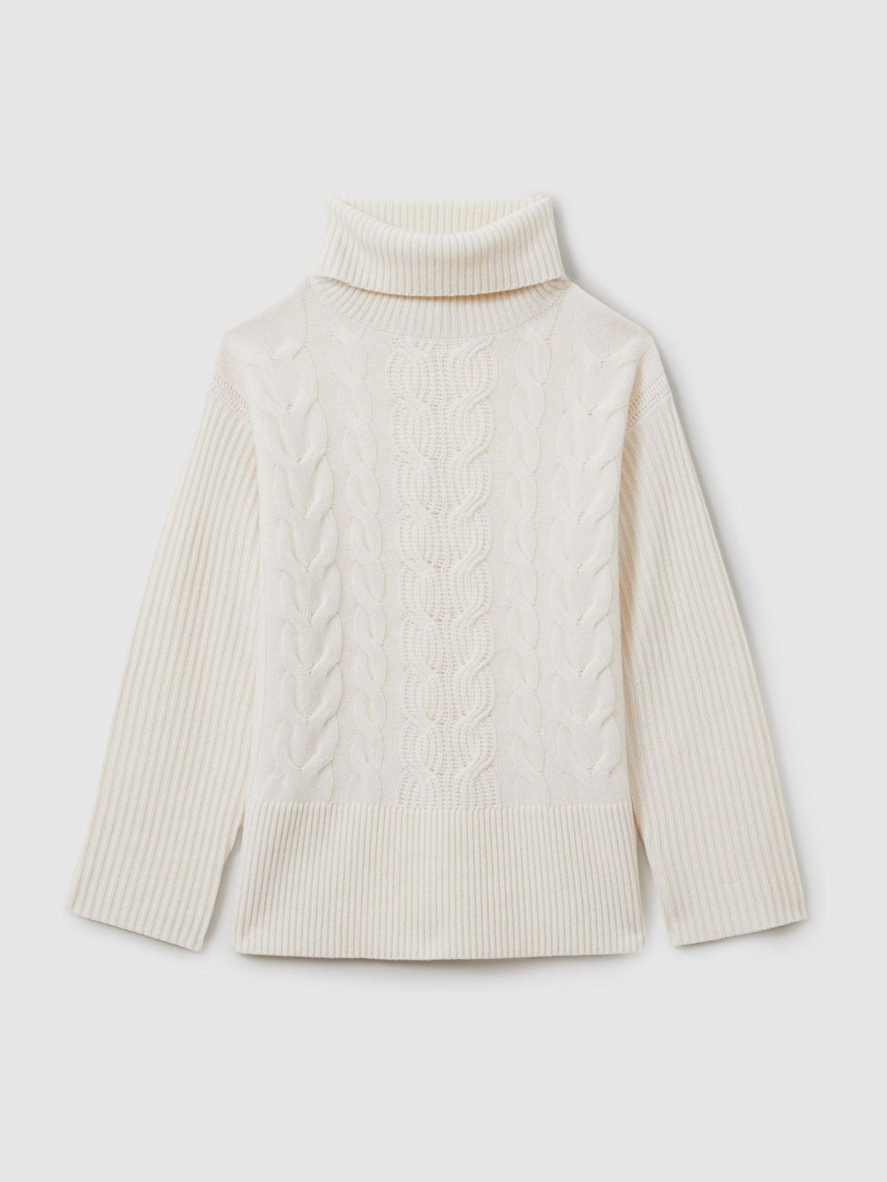 Wool-Cashmere Cable Knit Roll Neck Jumper in Cream - Image 2 of 7