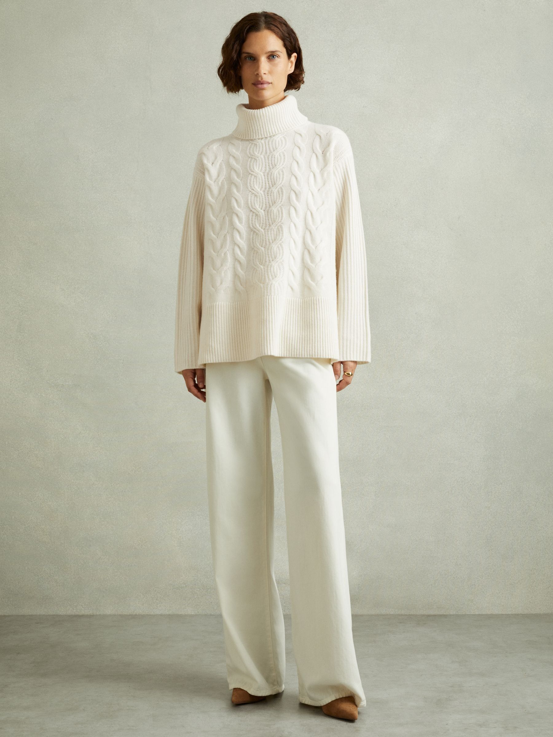 Wool-Cashmere Cable Knit Roll Neck Jumper in Cream - Image 3 of 7