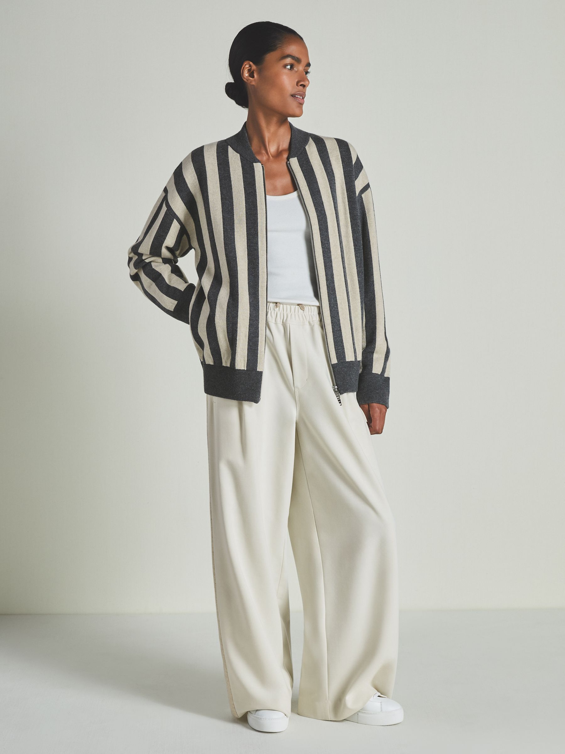 Reiss | Les 100 Ciels Wool and Cashmere Cardigan in Charcoal/Cream - Image 1 of 5 Reiss | Les 100 Ciels Wool and Cashmere Cardigan in Charcoal/Cream - Image 1 of 5