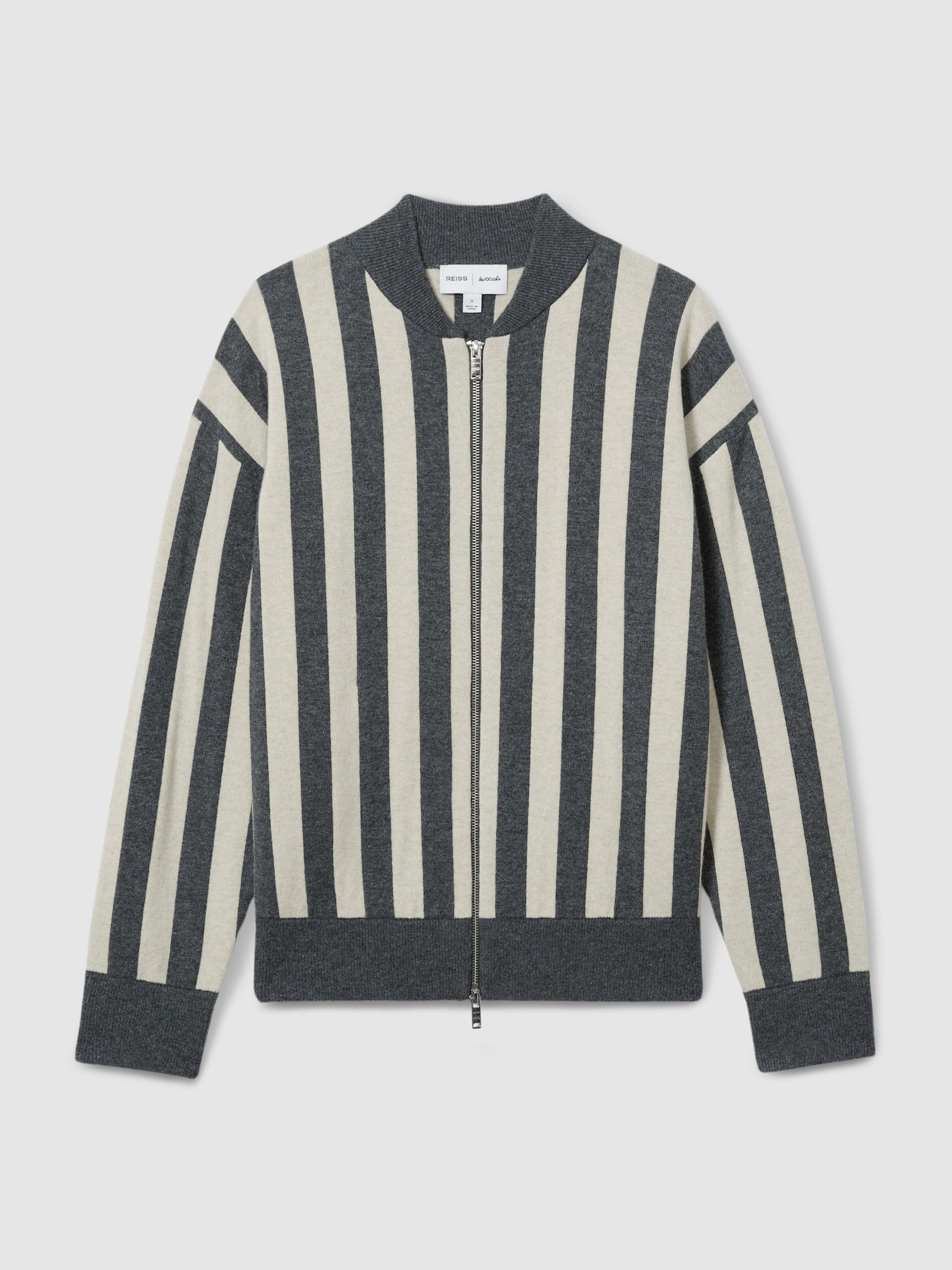 Reiss | Les 100 Ciels Wool and Cashmere Cardigan in Charcoal/Cream - Image 2 of 5