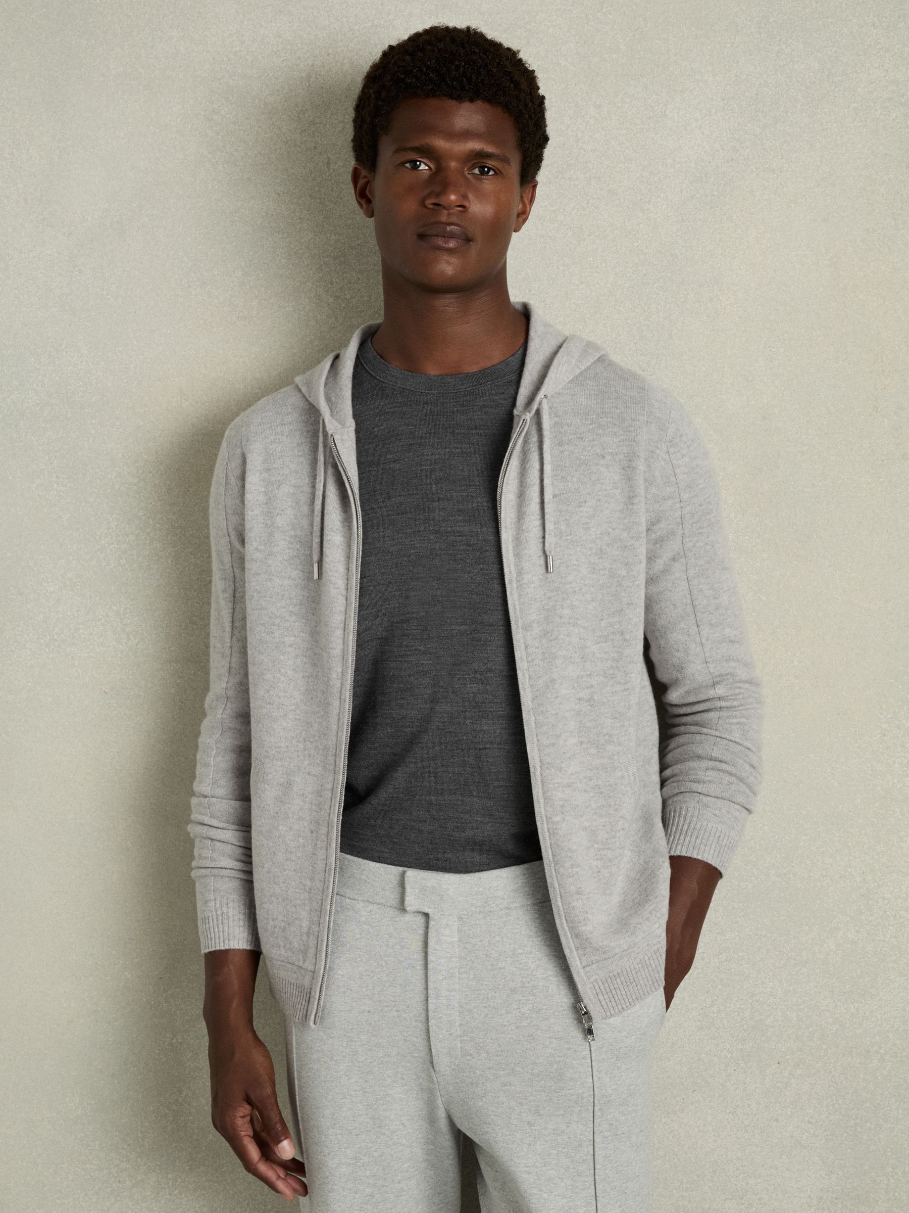 Wool and Cashmere Zip-Through Hoodie in Soft Grey Melange - Image 1 of 6