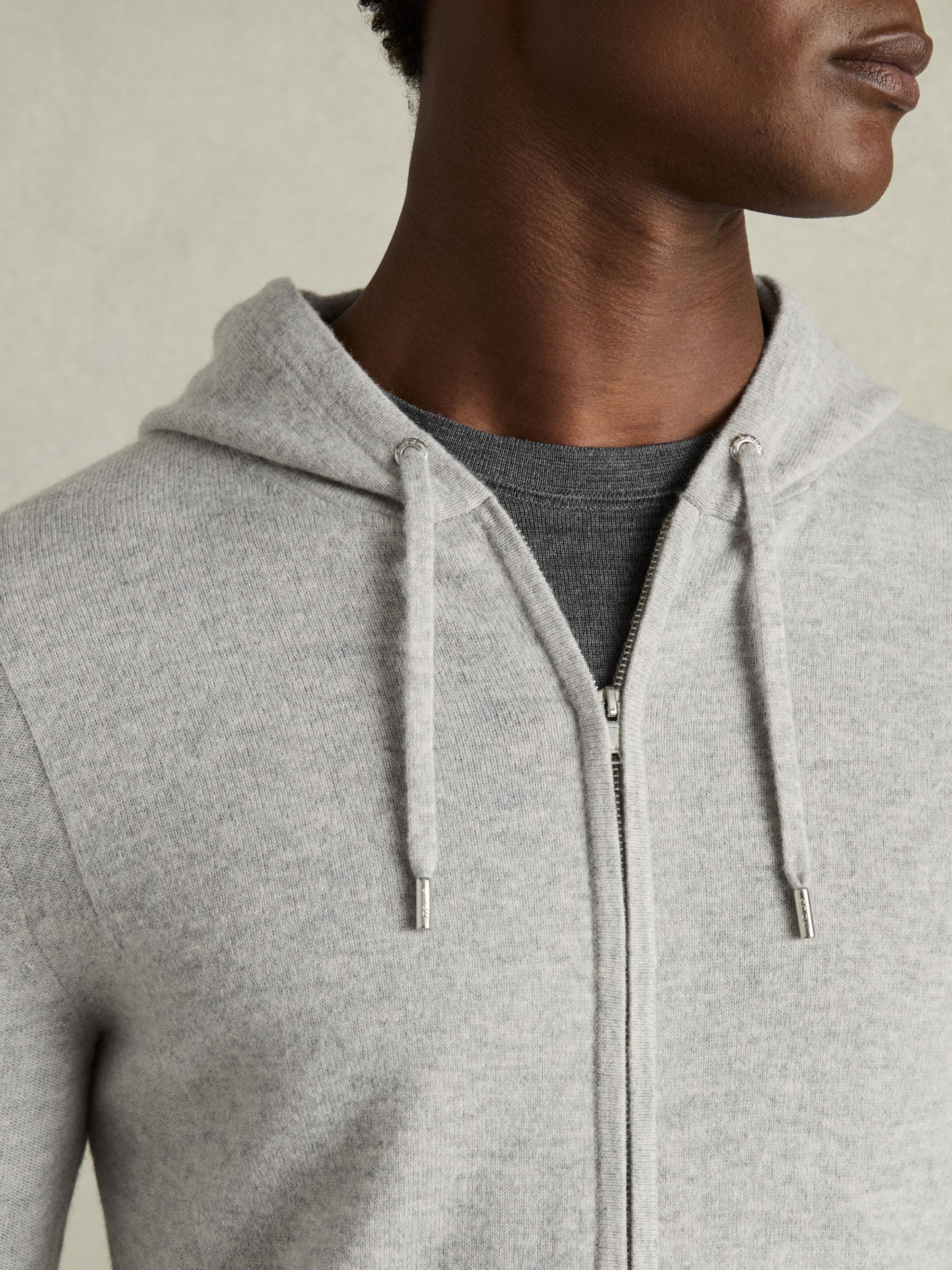 Wool and Cashmere Zip-Through Hoodie in Soft Grey Melange - Image 4 of 6