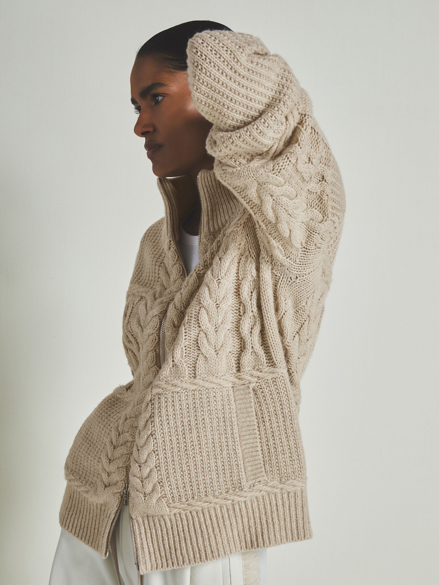 Reiss | Les 100 Ciels Wool and Cashmere Cardigan in Stone - Image 3 of 5