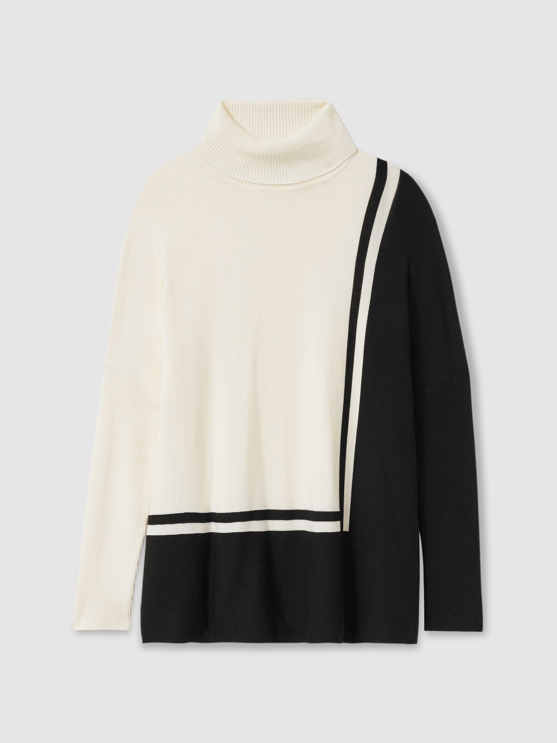 Colourblock Roll Neck Split Hem Jumper in Cream/Black - Image 2 of 6