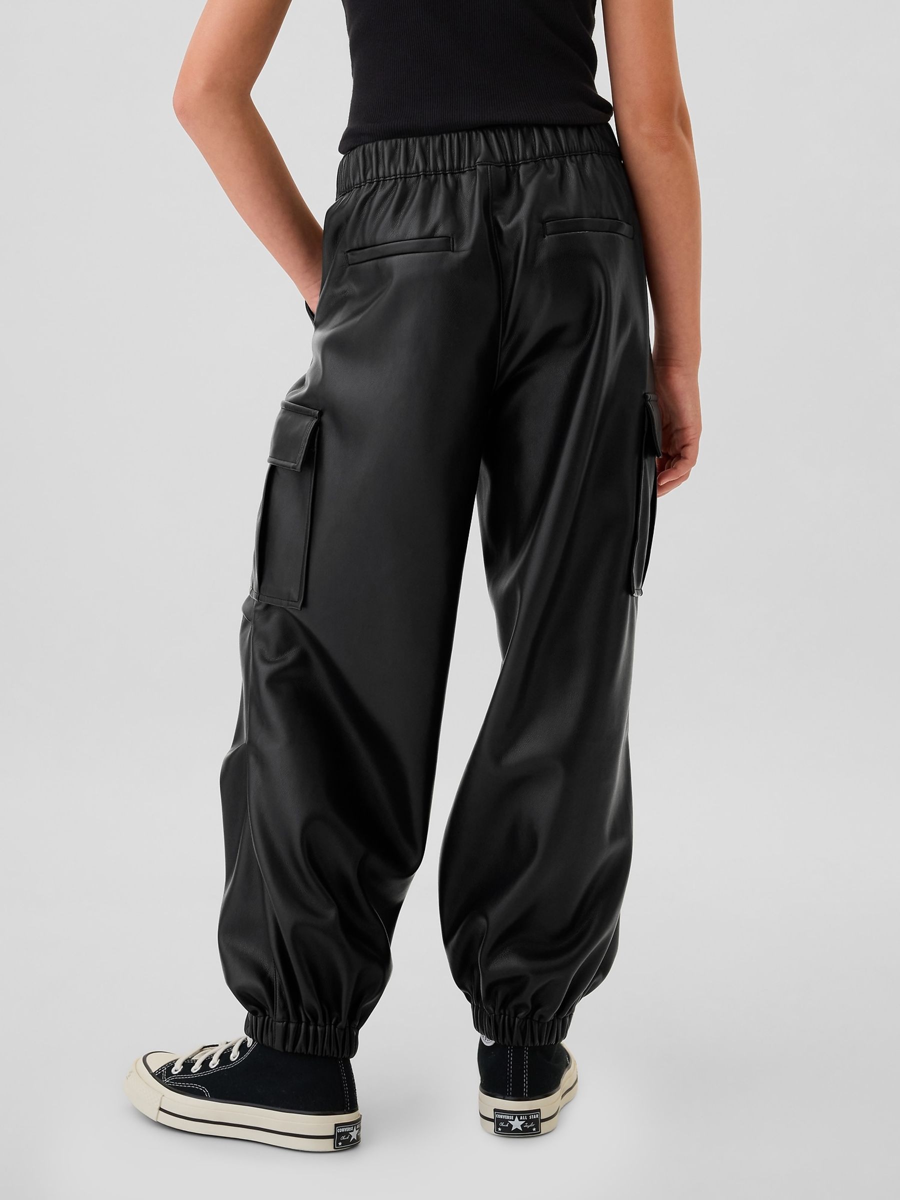 Black Leather Faux Leather Cargo Parachute Trousers - Image 2 of 5
