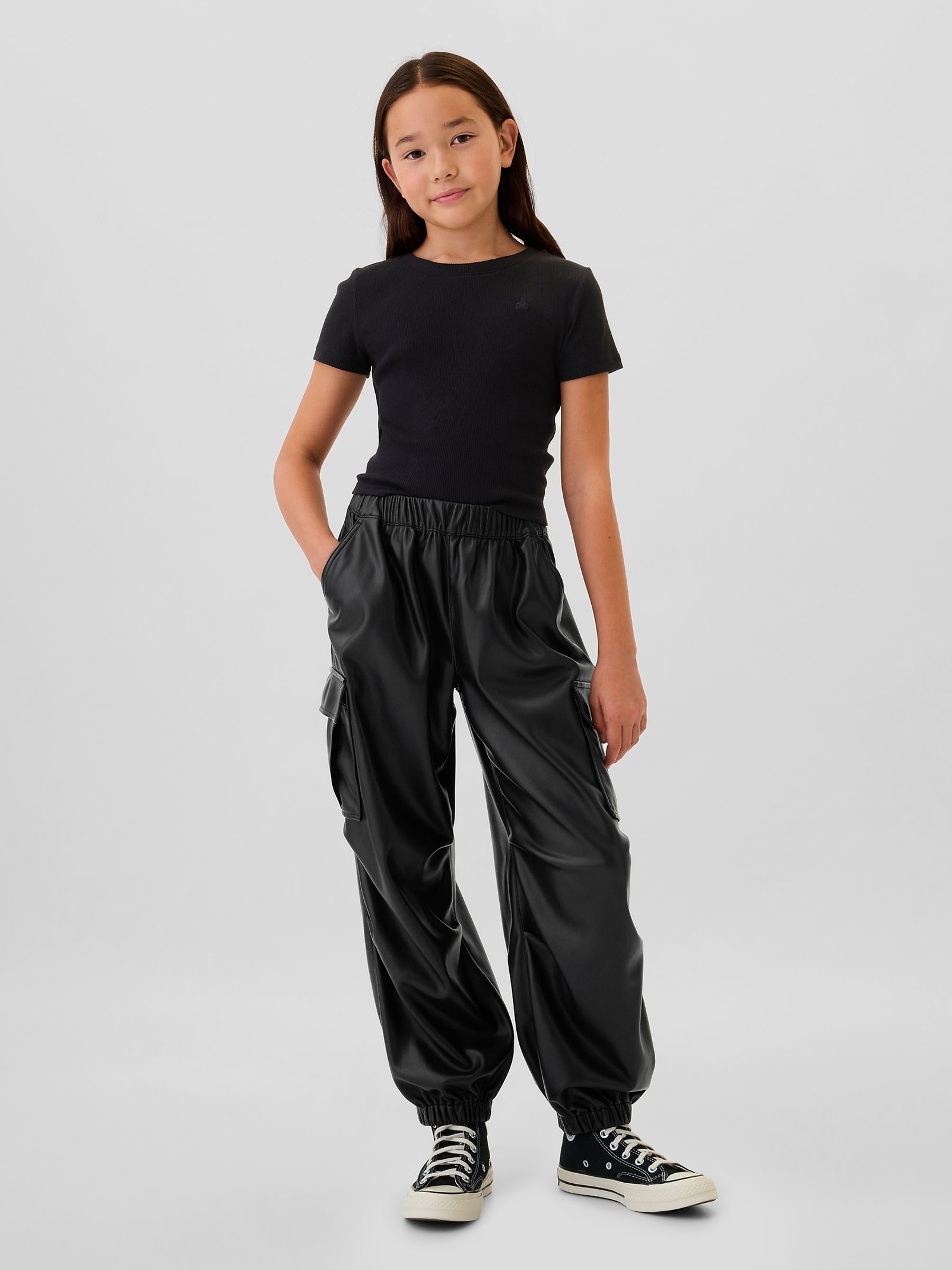 Black Leather Faux Leather Cargo Parachute Trousers - Image 3 of 5