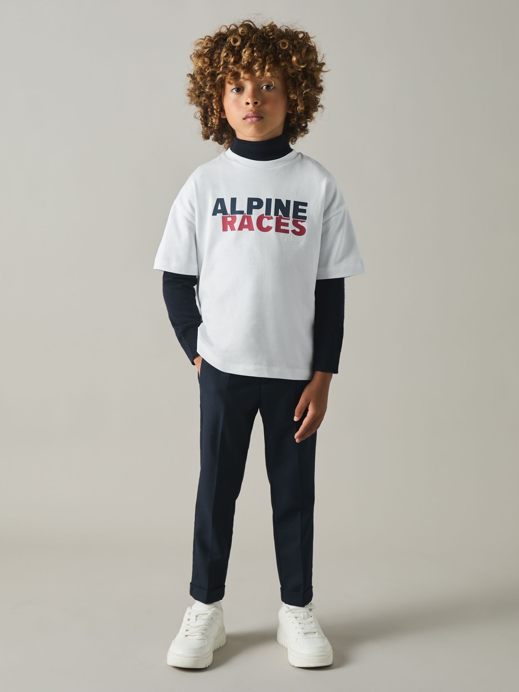 Cotton-Jersey Alpine Races-Print T-Shirt in White/Red/Navy - Image 1 of 4