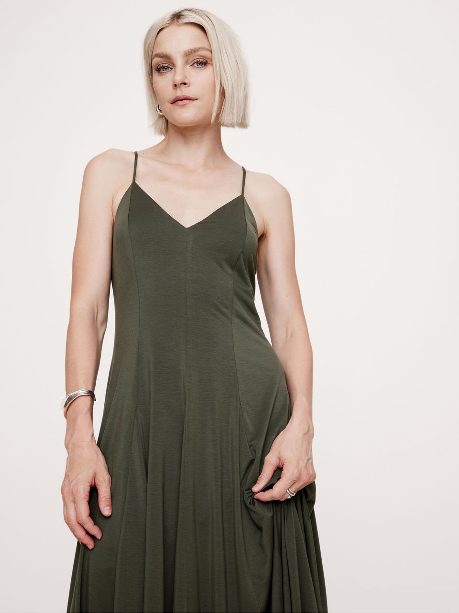 Banana Republic Khaki Green Drapey Jersey Godet Maxi Dress | Gap Banana Republic Khaki Green Drapey Jersey Godet Maxi Dress | Gap