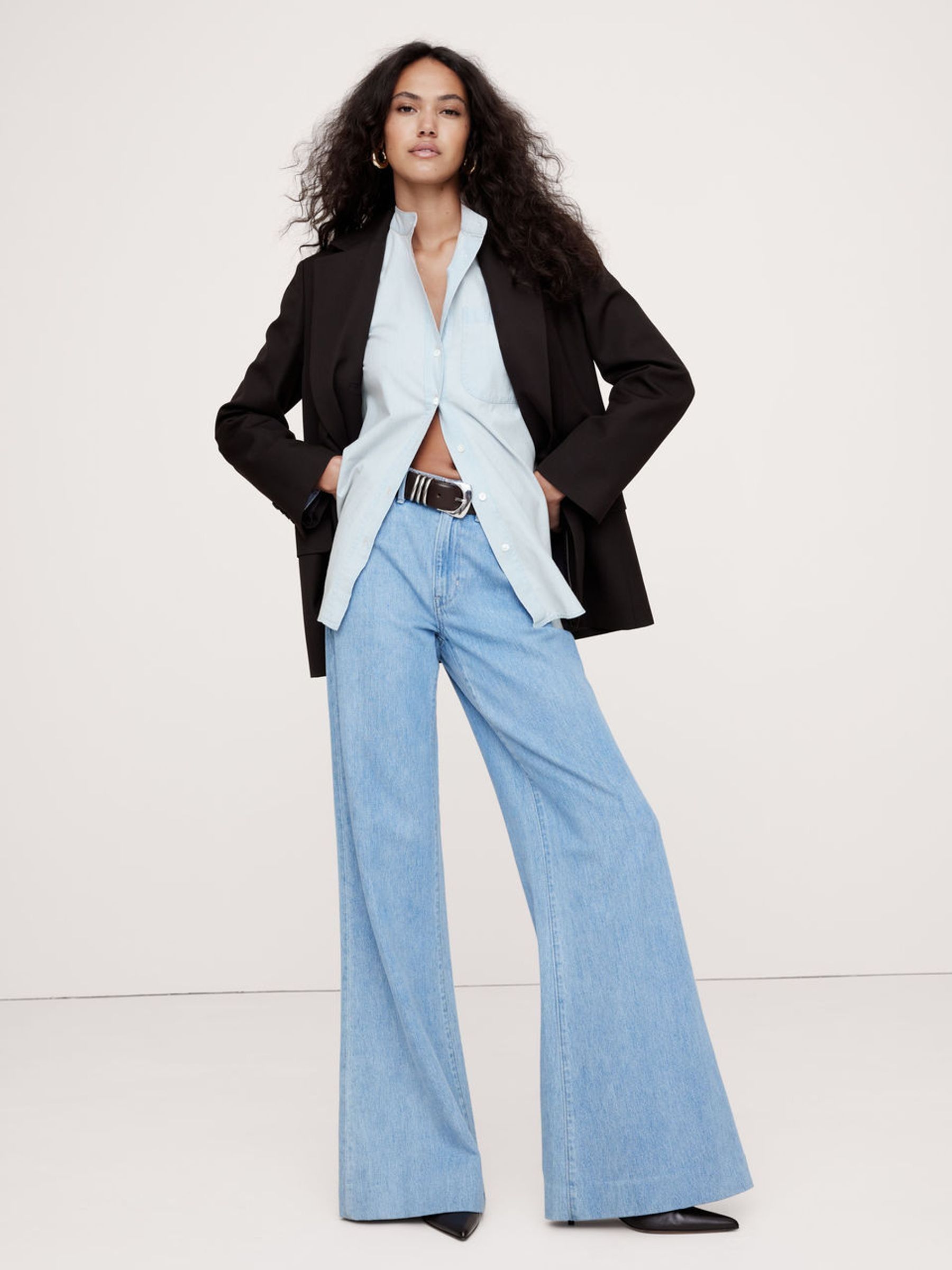 Banana Republic Blue The Oversized Banded Collar Denim Shirt - Image 1 of 4