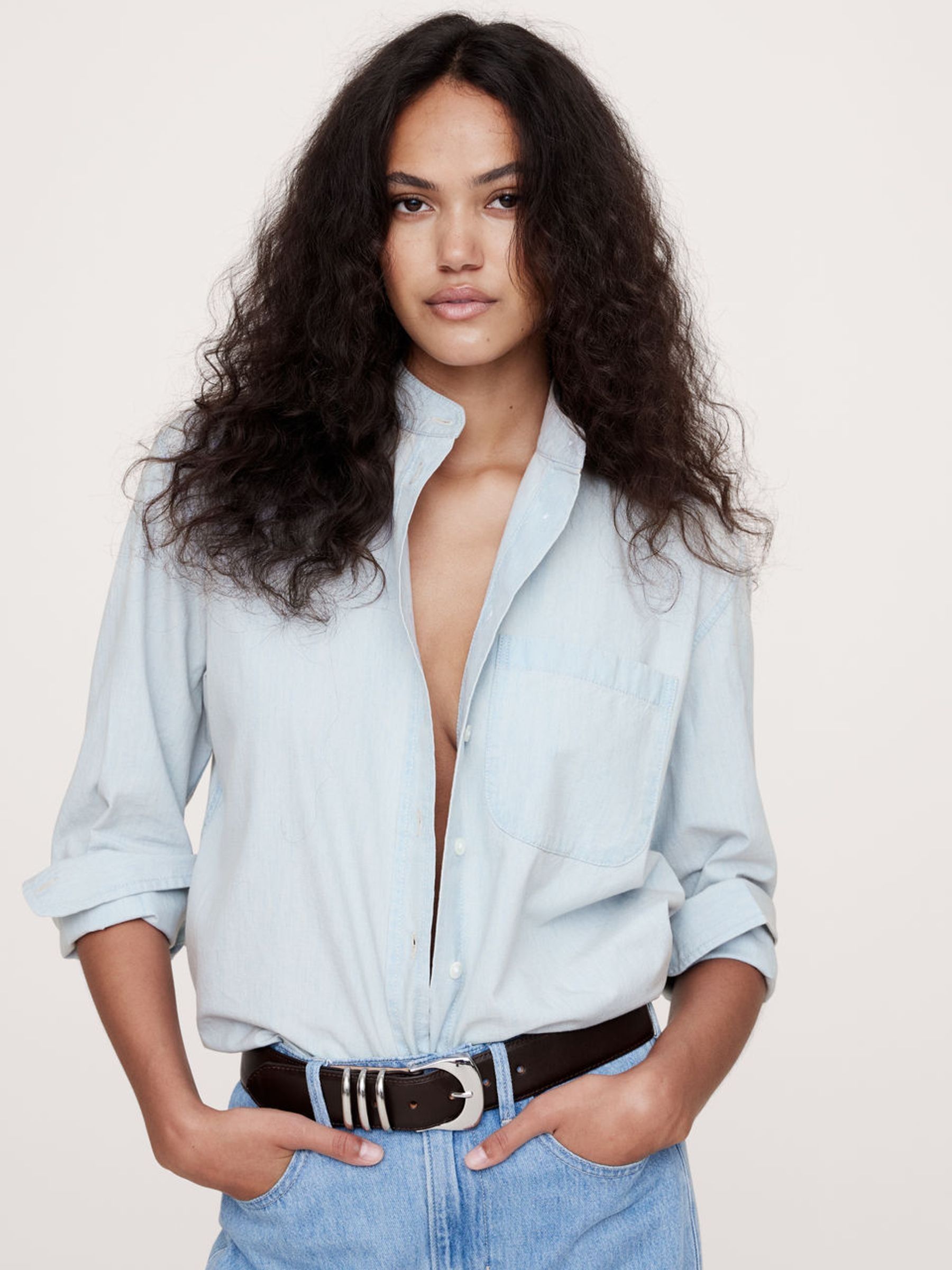 Banana Republic Blue The Oversized Banded Collar Denim Shirt - Image 2 of 4