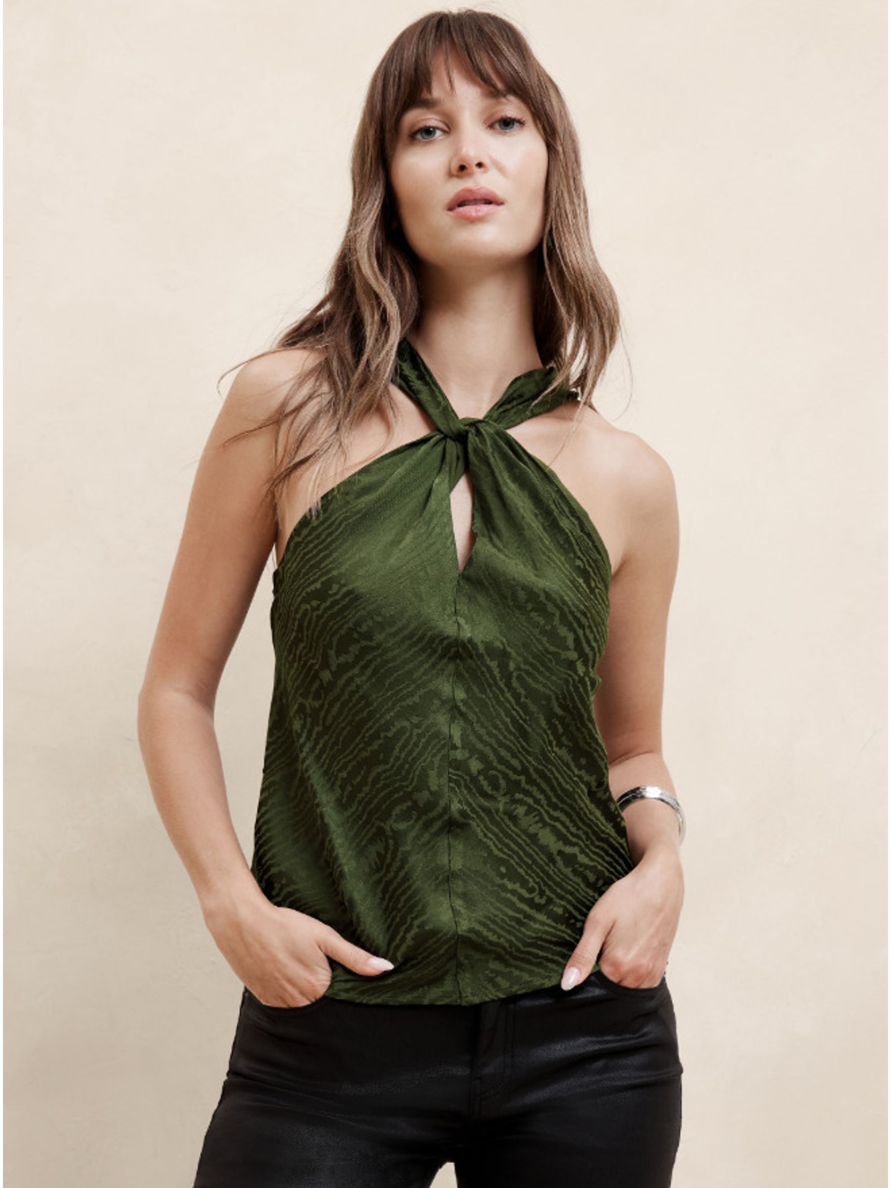 Banana Republic Khaki Green Silky Twist Neck Halter Blouse Top - Image 1 of 5