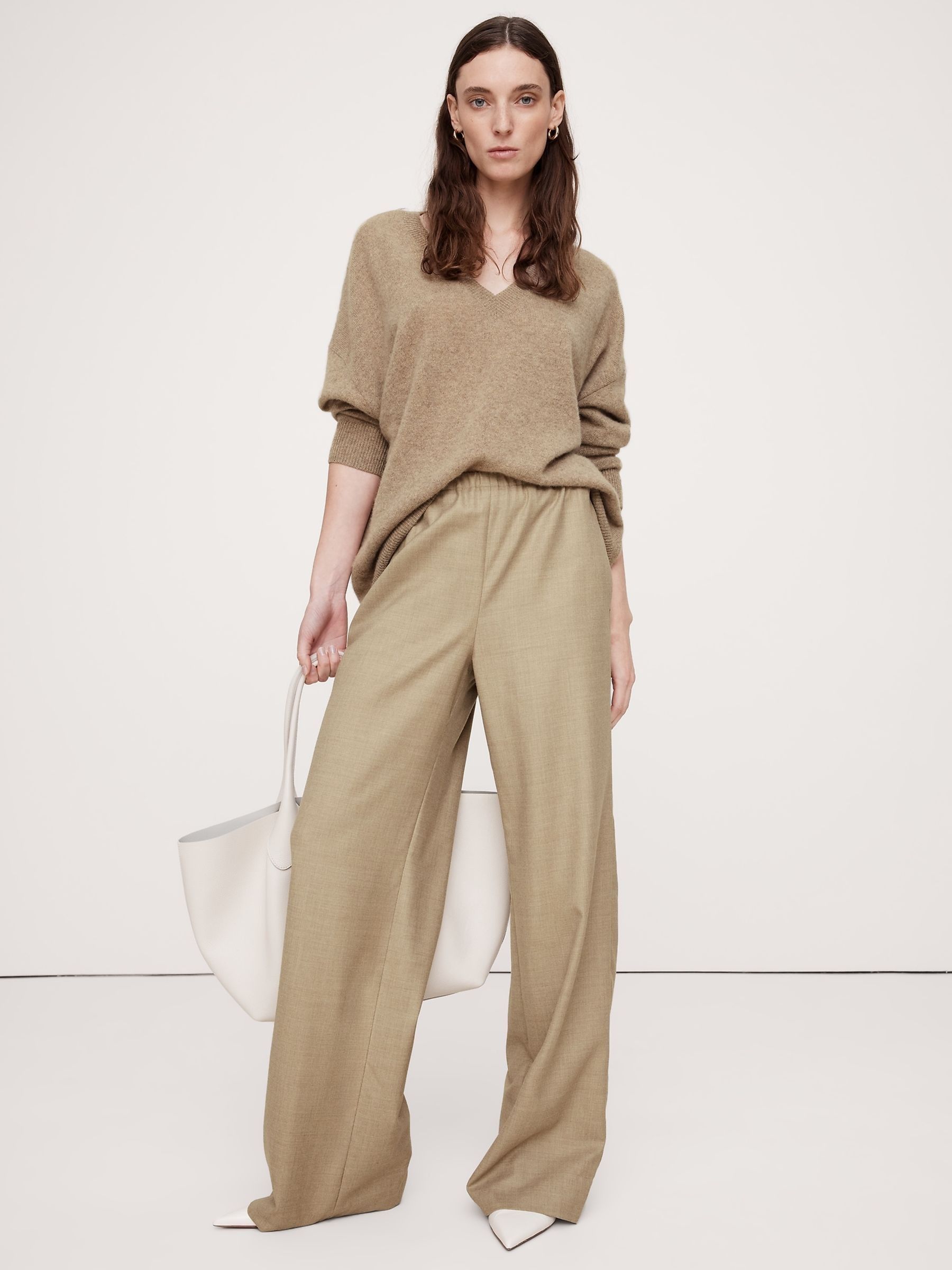 Banana Republic Cream Wool Flannel Pull On Wide-Leg Trousers - Image 1 of 5