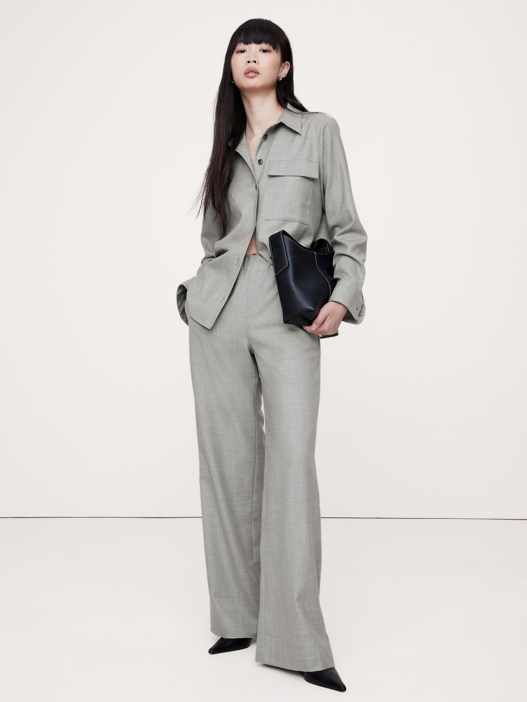 Banana Republic Grey Pull On Wide-Leg Lightweight Wool Flannel Trousers - Image 1 of 1