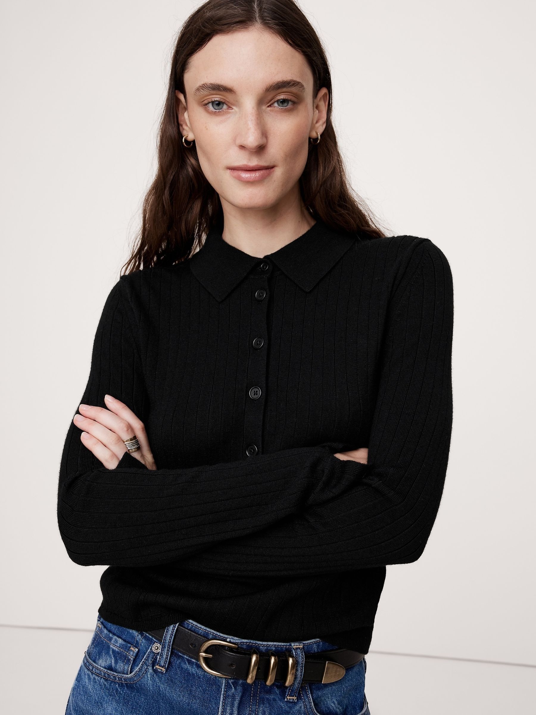 Banana Republic Black Merino Wool Ribbed Polo Jumper - Image 1 of 1