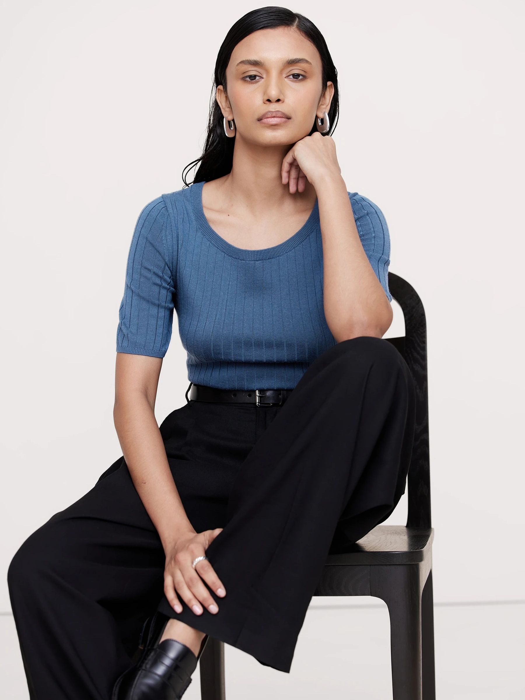 Banana Republic Blue Ribbed Merino Scoop Neck Top - Image 1 of 1