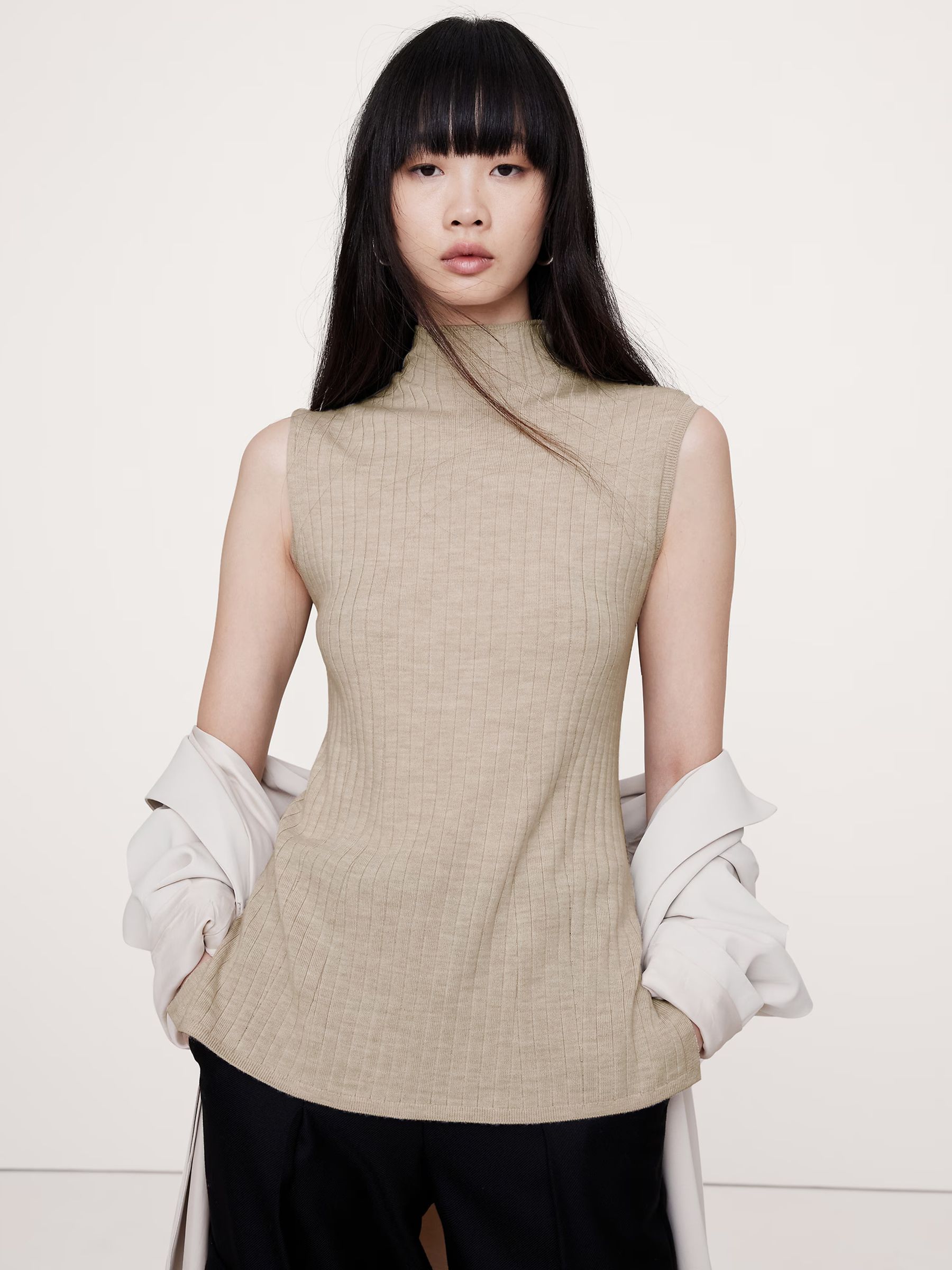 Banana Republic Beige Merino Wool Ribbed Mock Neck Vest Top - Image 1 of 4