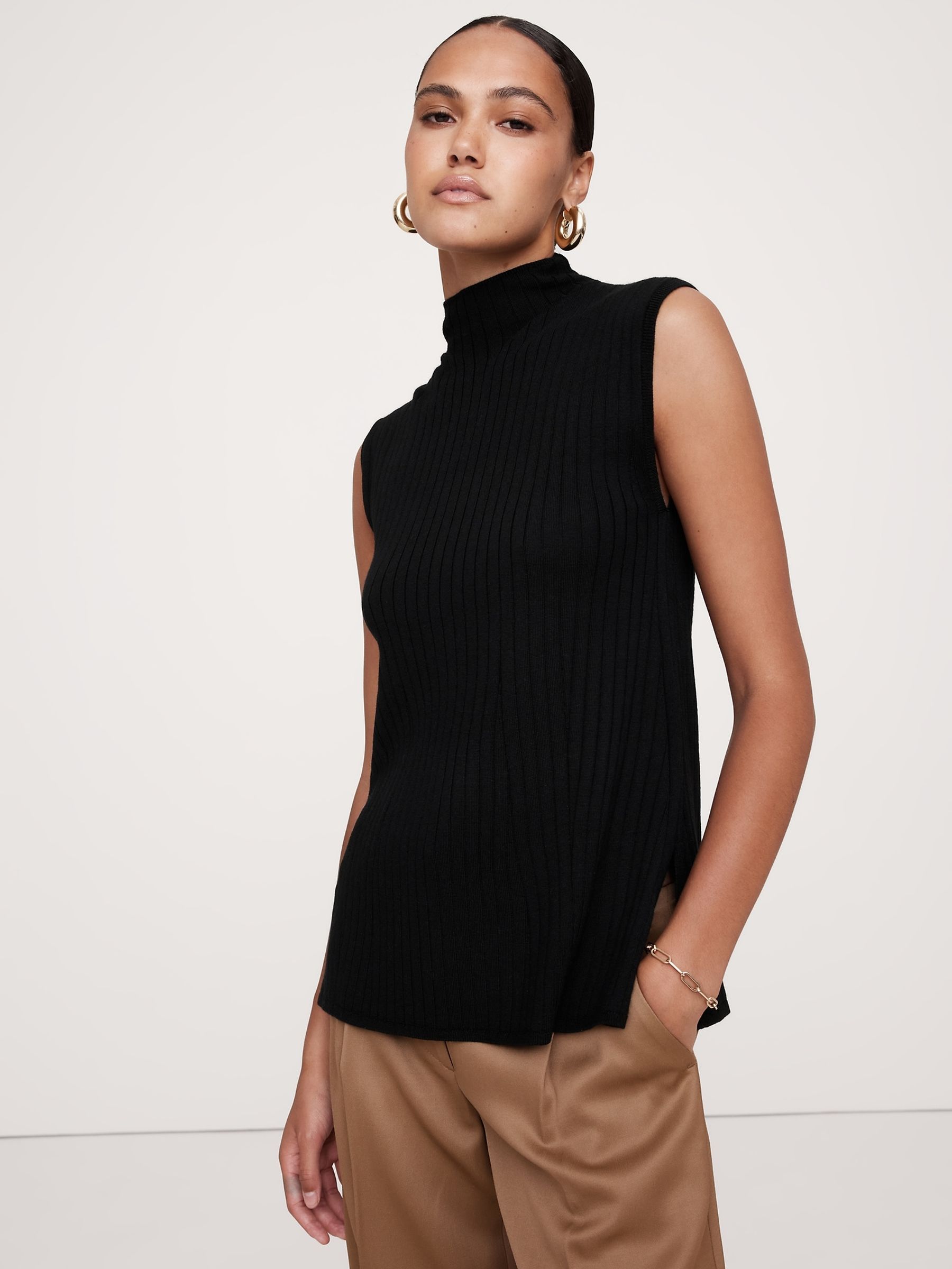 Banana Republic Black Merino Wool Ribbed Mock Neck Vest Top - Image 1 of 1