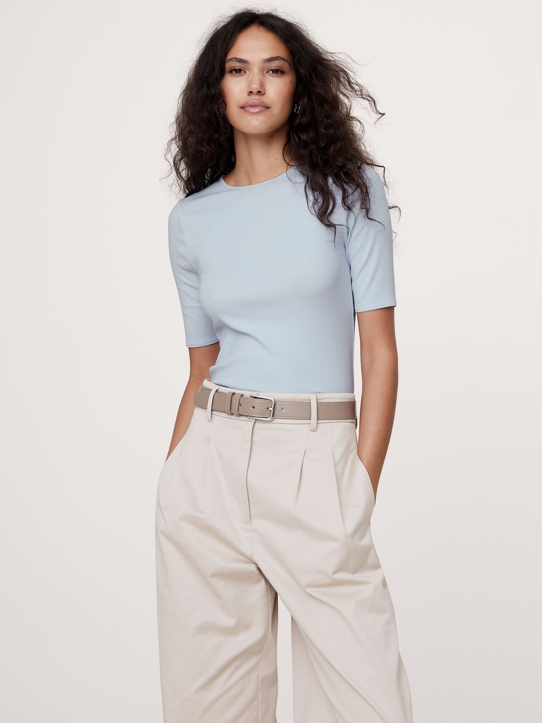 Banana Republic Blue Ribbed Half-Sleeve T-Shirt - Image 1 of 1
