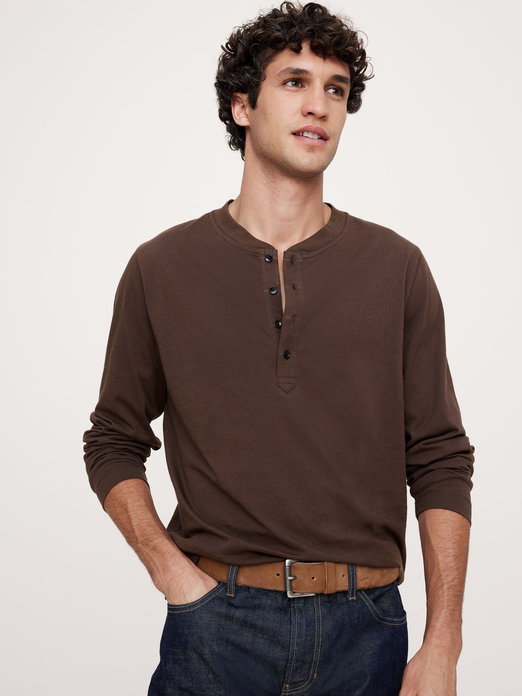 Banana Republic Brown Soft Wash Henley Long Sleeve T-Shirt - Image 1 of 1