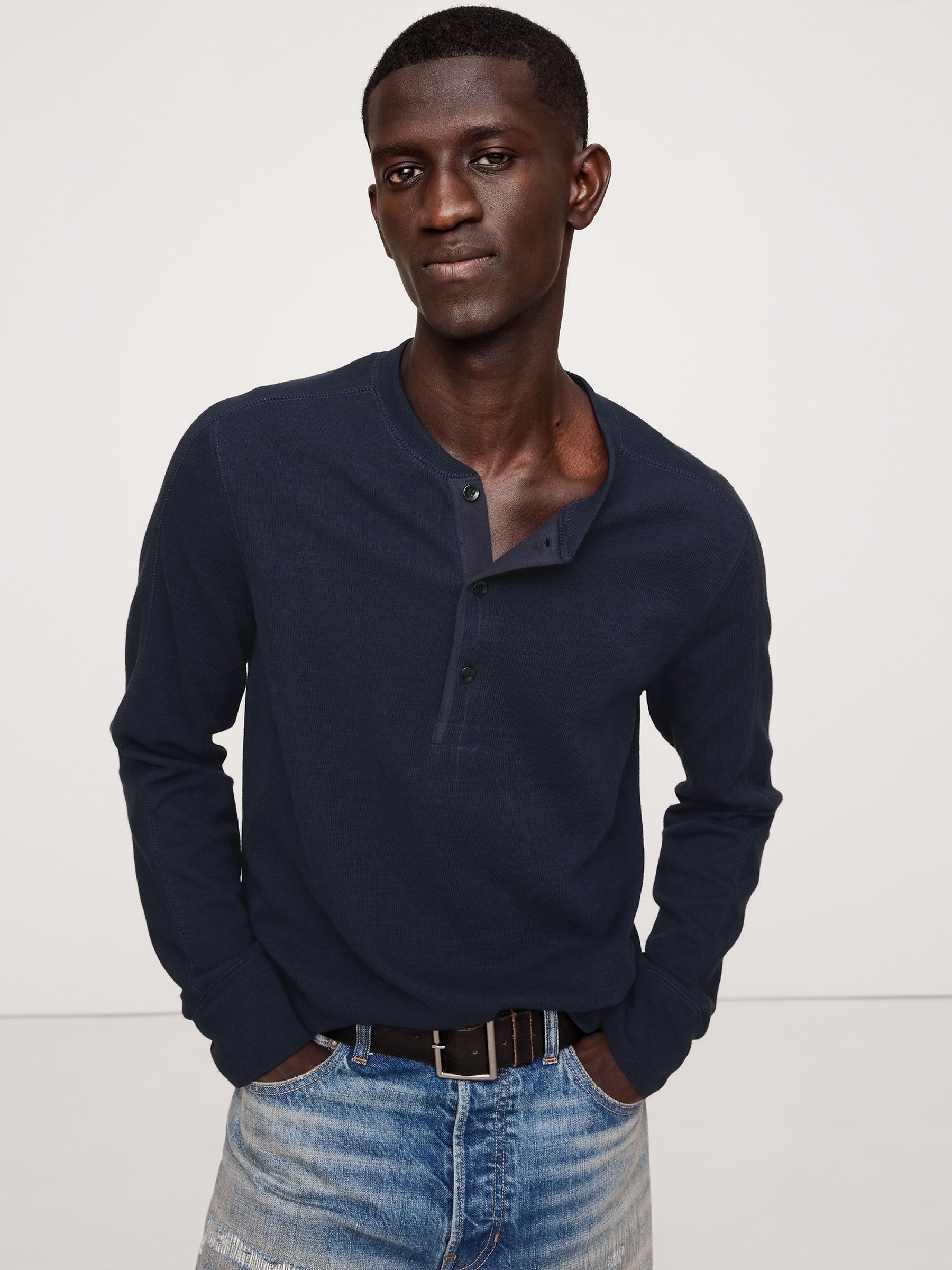 Banana Republic Navy/Blue Slub Double-Knit Henley Long Sleeve T-Shirt - Image 1 of 4